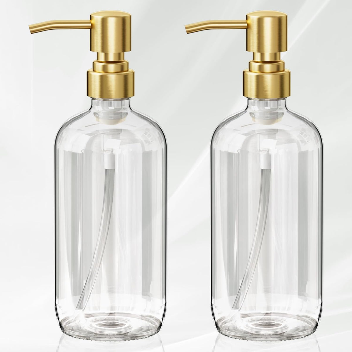 AmazerBath Soap Dispenser, 2 Pack Glass Soap Dispenser with Pump Stainless Steel, 17 Oz Clear Gold