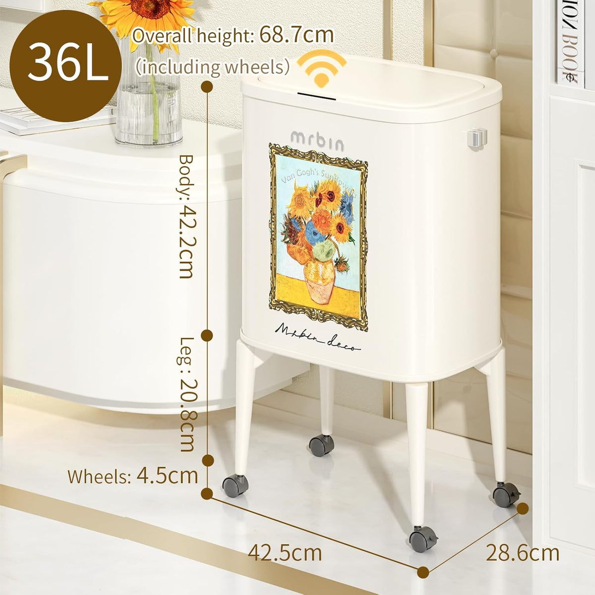 MRBIN Metal Motion Sensor Kitchen Trash Can with Wheel Legs, 36L / 9.5gal Medium Press Lid Slim