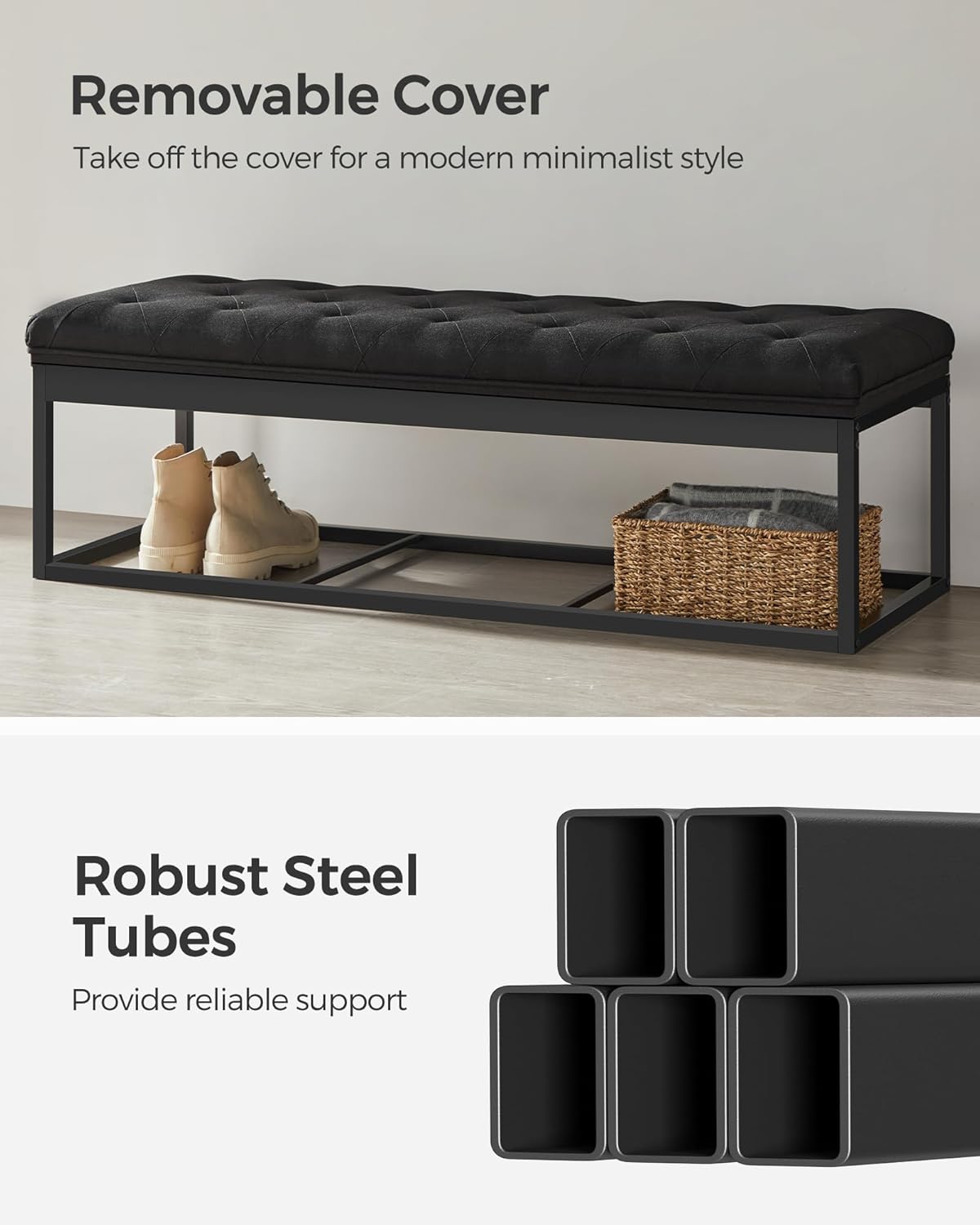 SONGMICS Storage Ottoman Bench, Foot Rest with Legs, 15.7 x 43.3 x 15.7 Inches, End of Bed Bench