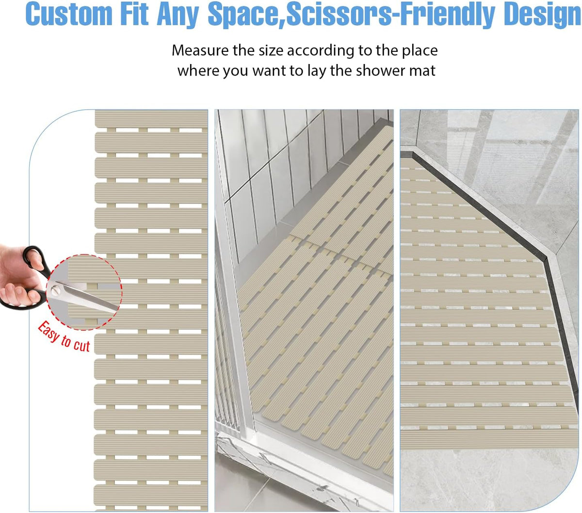 Shower Mat Non-Slip Bath Mat for Tub Floor & Stall with 200+ Suction Cups & Drain Holes, Quick Dry
