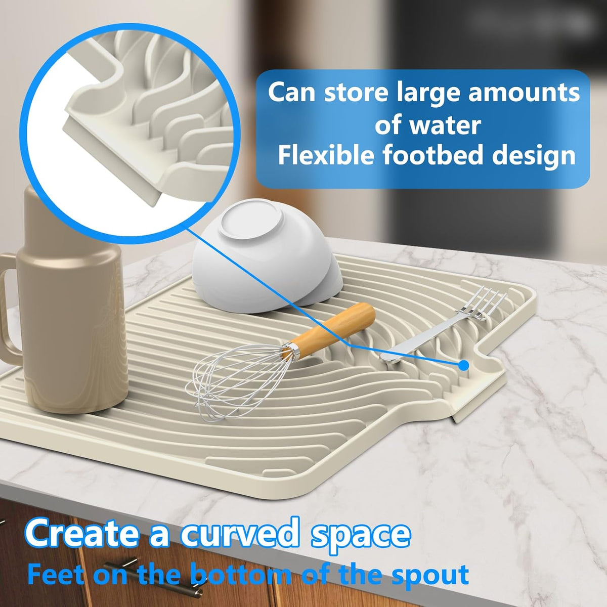 Dish Drying Matt for Kitchen Counter,18"×12"Silicone Dry Rack Mat with Built in Drain, Kitchen Dry
