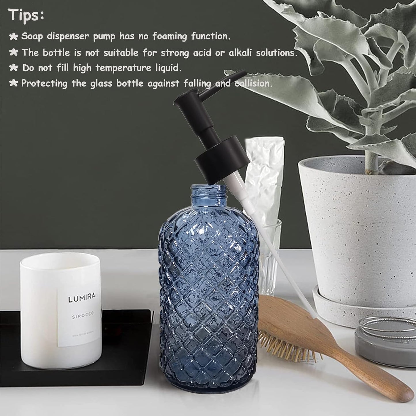 Blue Glass Dish Soap Dispenser for Kitchen, 12oz Refillable Liquid Hand Soap Dispenser Set, Crystal