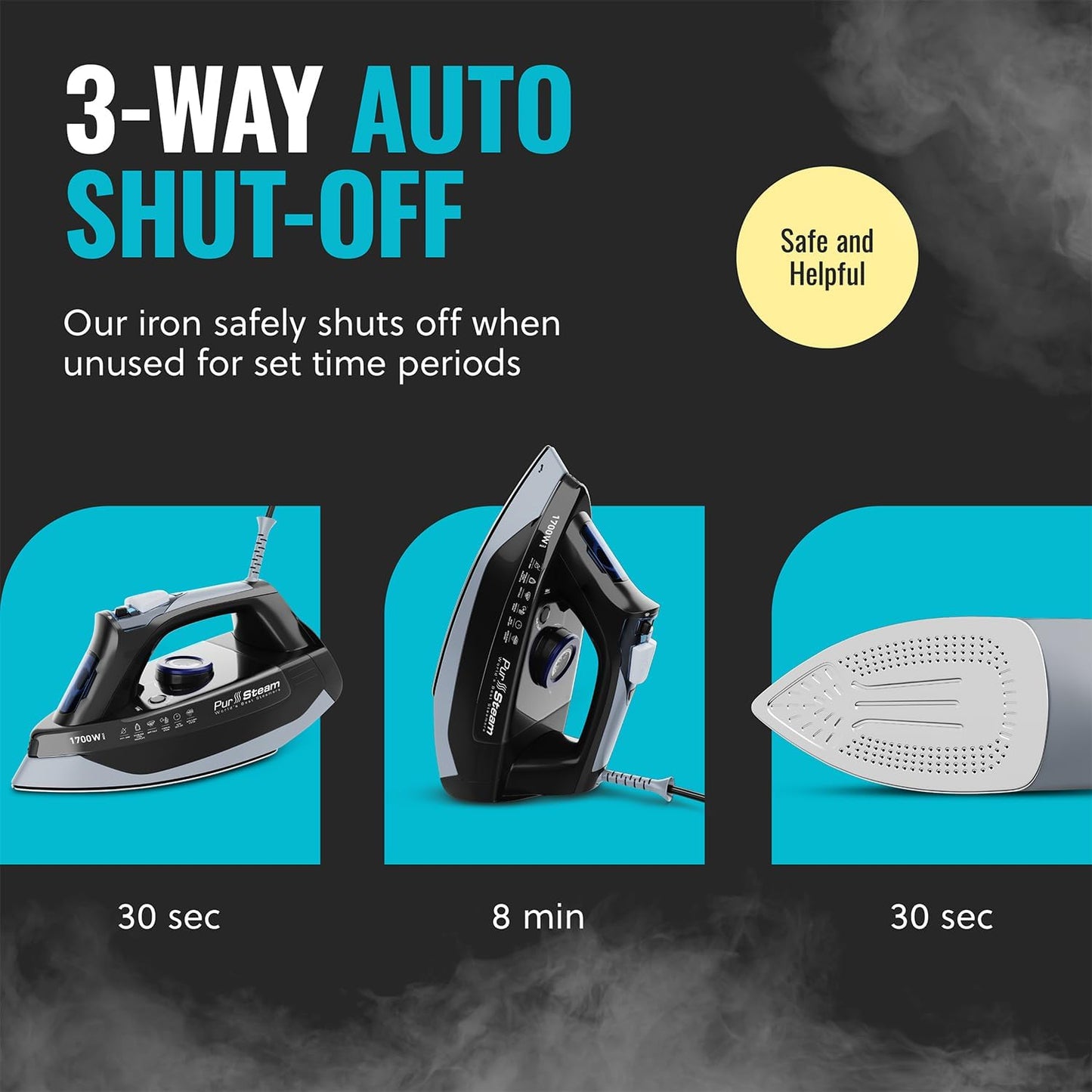 Pursteam Steam Iron for Clothes 1700W with Self-Cleaning Nonstick Stainless Steel Soleplate, Auto