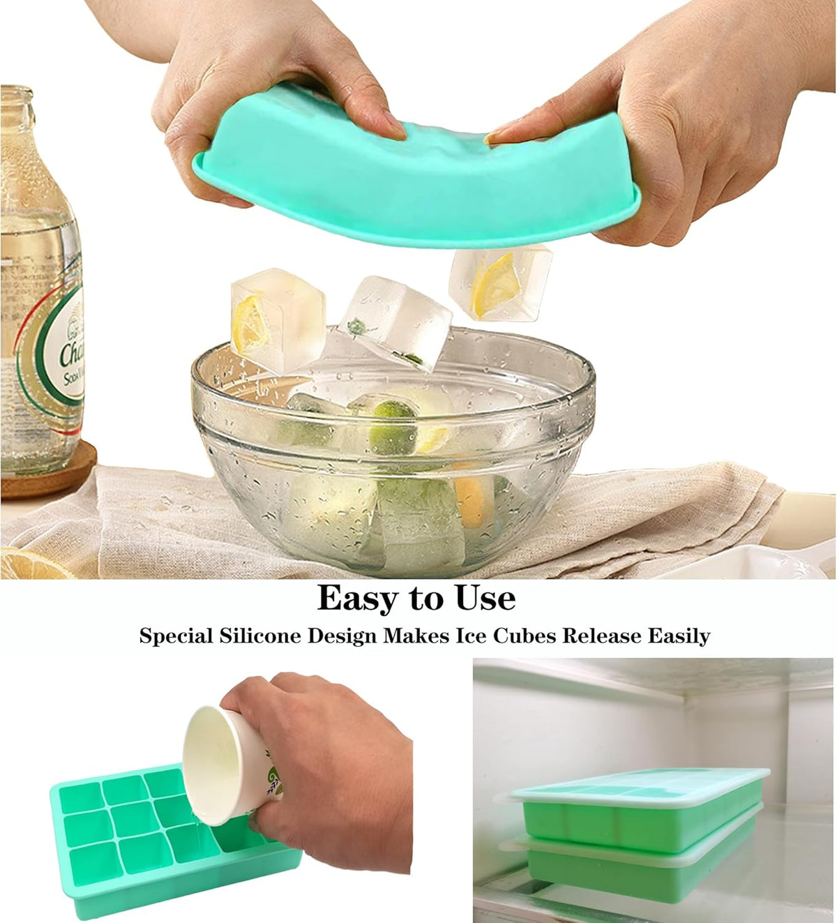 2 Pack Silicone Ice Cube Trays, Easy Release Flexible-15 Cubes Ice Cube Molds,Silicone Ice Cube