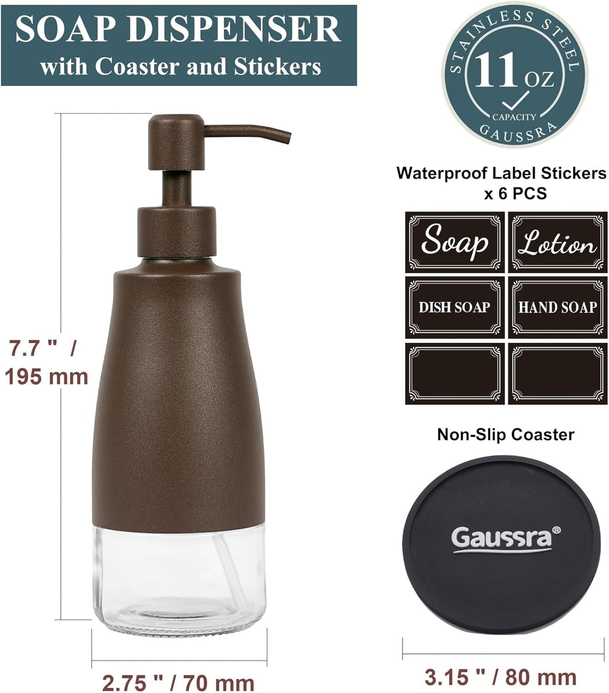 Gaussra Bronze Soap Dispenser with Coaster and Stickers, Stainless Steel and Glass Bottle Hand Pump