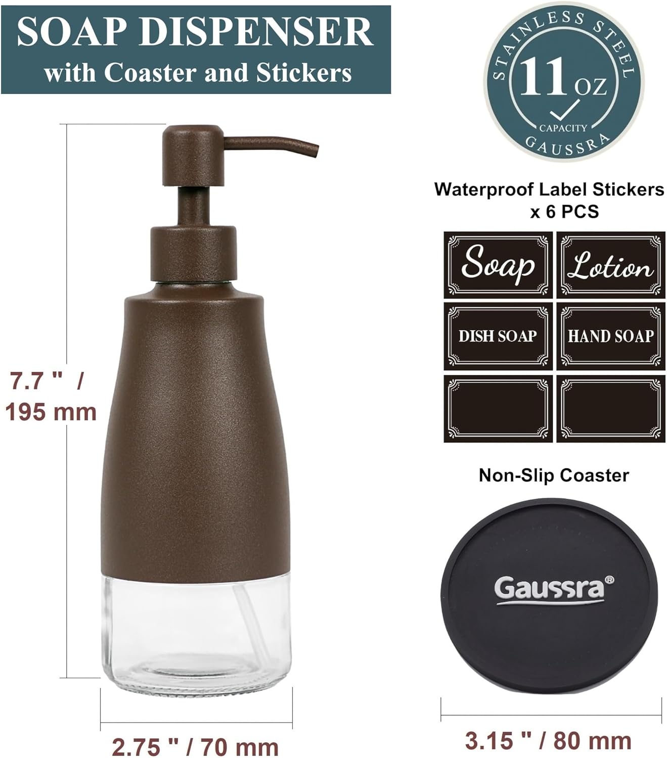 Gaussra Bronze Soap Dispenser with Coaster and Stickers, Stainless Steel and Glass Bottle Hand Pump