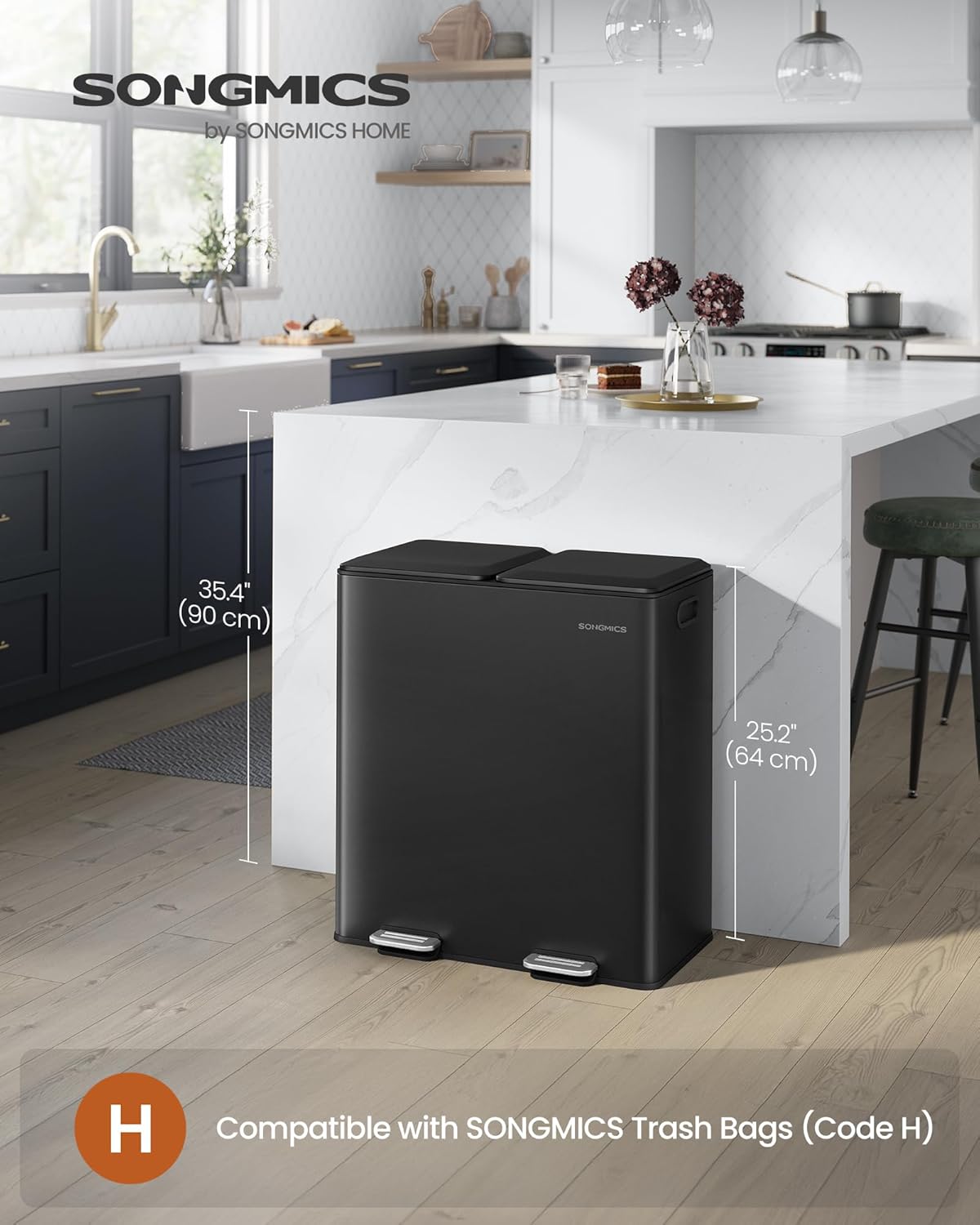 SONGMICS Trash Can, 2 x 8 Gallon (2 x 30 L) Double Garbage Can with Soft-Close Lids, Removable