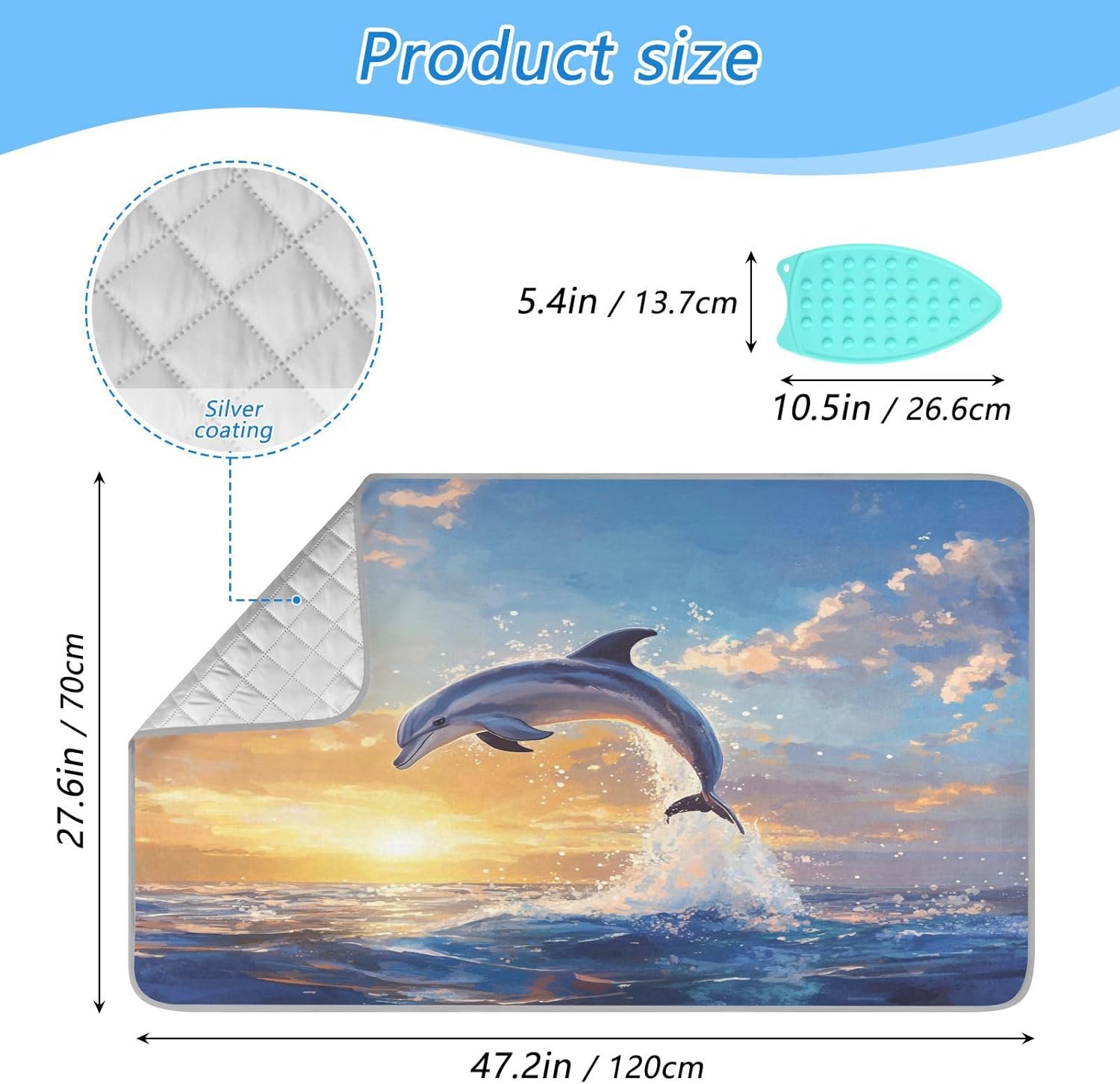 Dolphin Jumping Sunset Blue Ironing Mat Thickened Ironing Blanket Travel Portable Double-Side Using