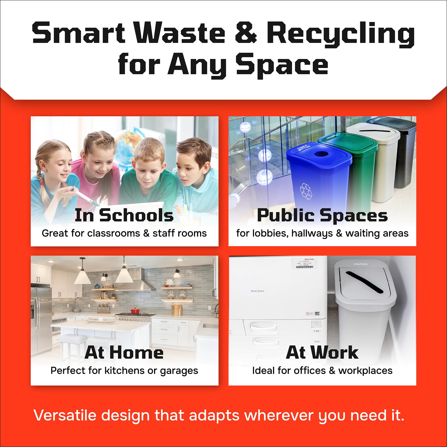 Multi Recycling Bin System with Three Stacking 6 Gallon Bins with Carrying Handles, Stackable and