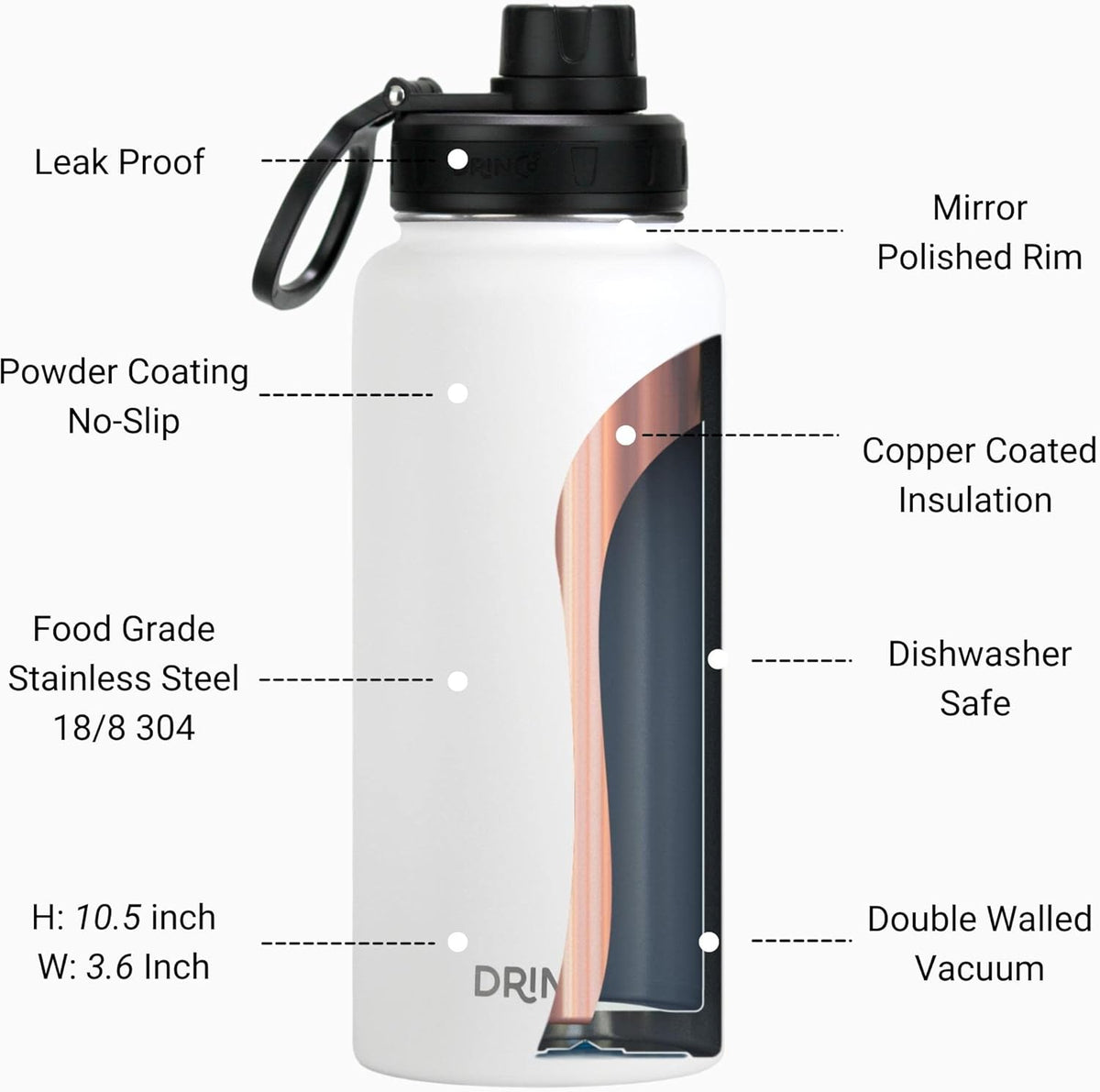 DRINCO Stainless Steel Water Bottle Spout Lid Vacuum Insulated Double Wall Water Bottle Wide Mouth