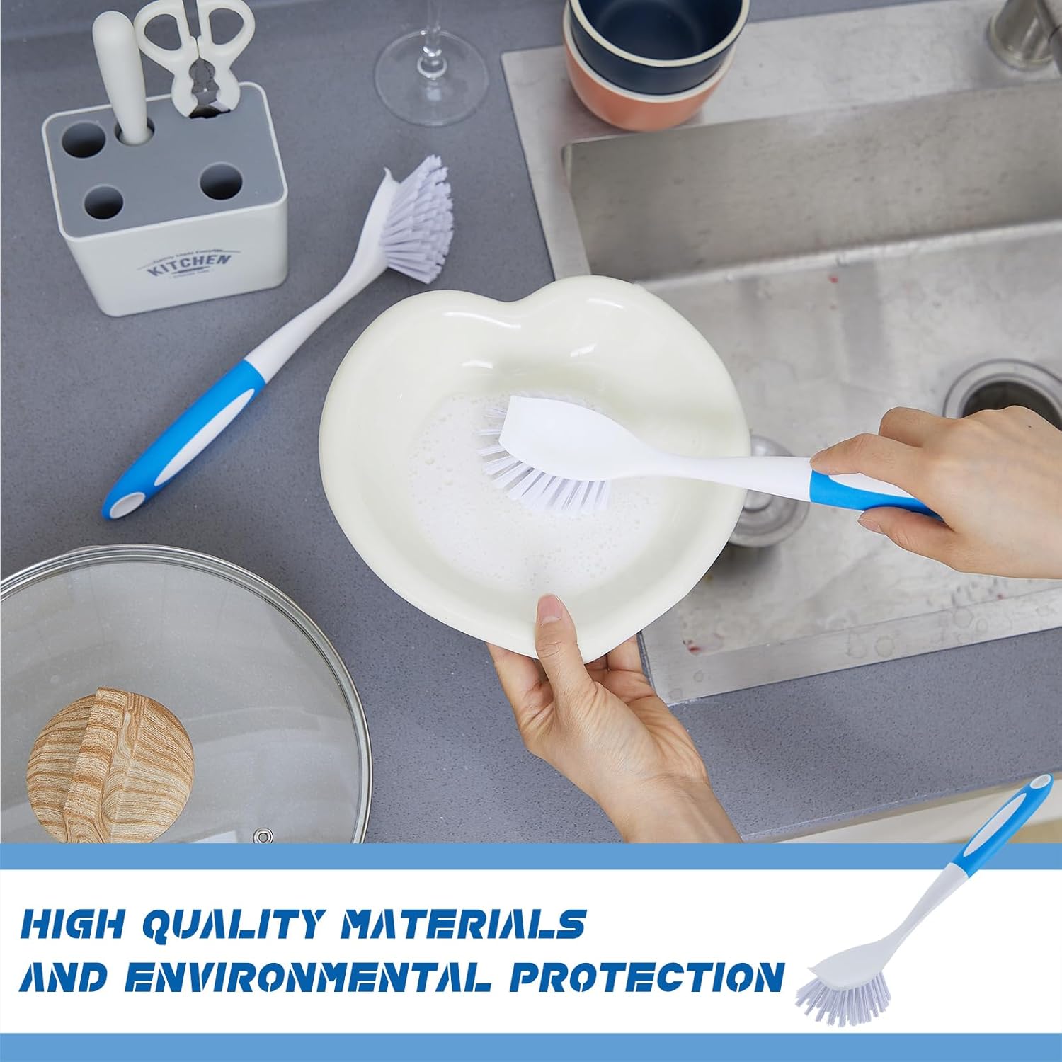 Hsei 6 Pcs Blue Kitchen Scrub Dish Brush Bulk with 11 Inch Handle Cleaning Dish Scrubber with Stiff