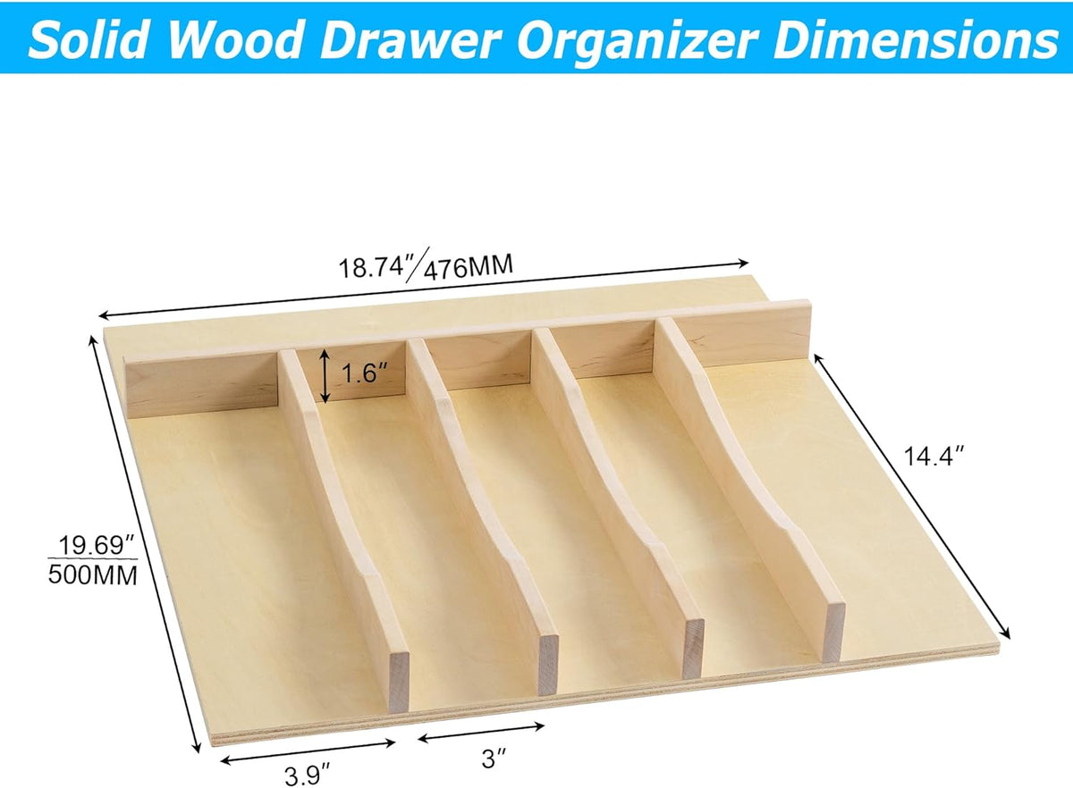 WelFurGeer Solid Birch Wood Silverware Drawer Organizer, Wooden Cutlery Drawer Organizer, Utensil