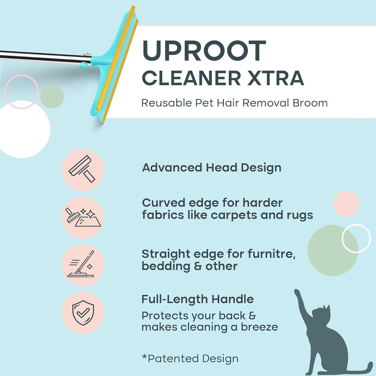 Uproot Cleaner Xtra Pet Hair Removal Tool: Reusable Carpet Rake with Telescopic 60" Handle - As