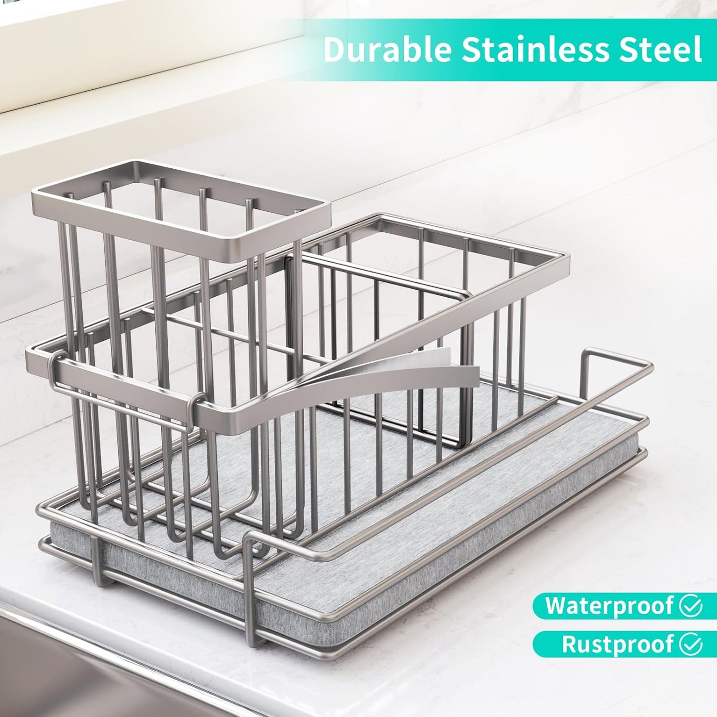 HapiRm Sink Caddy Sponge Holder - Kitchen Sink Organizer with Instant Drying Stone and Brush
