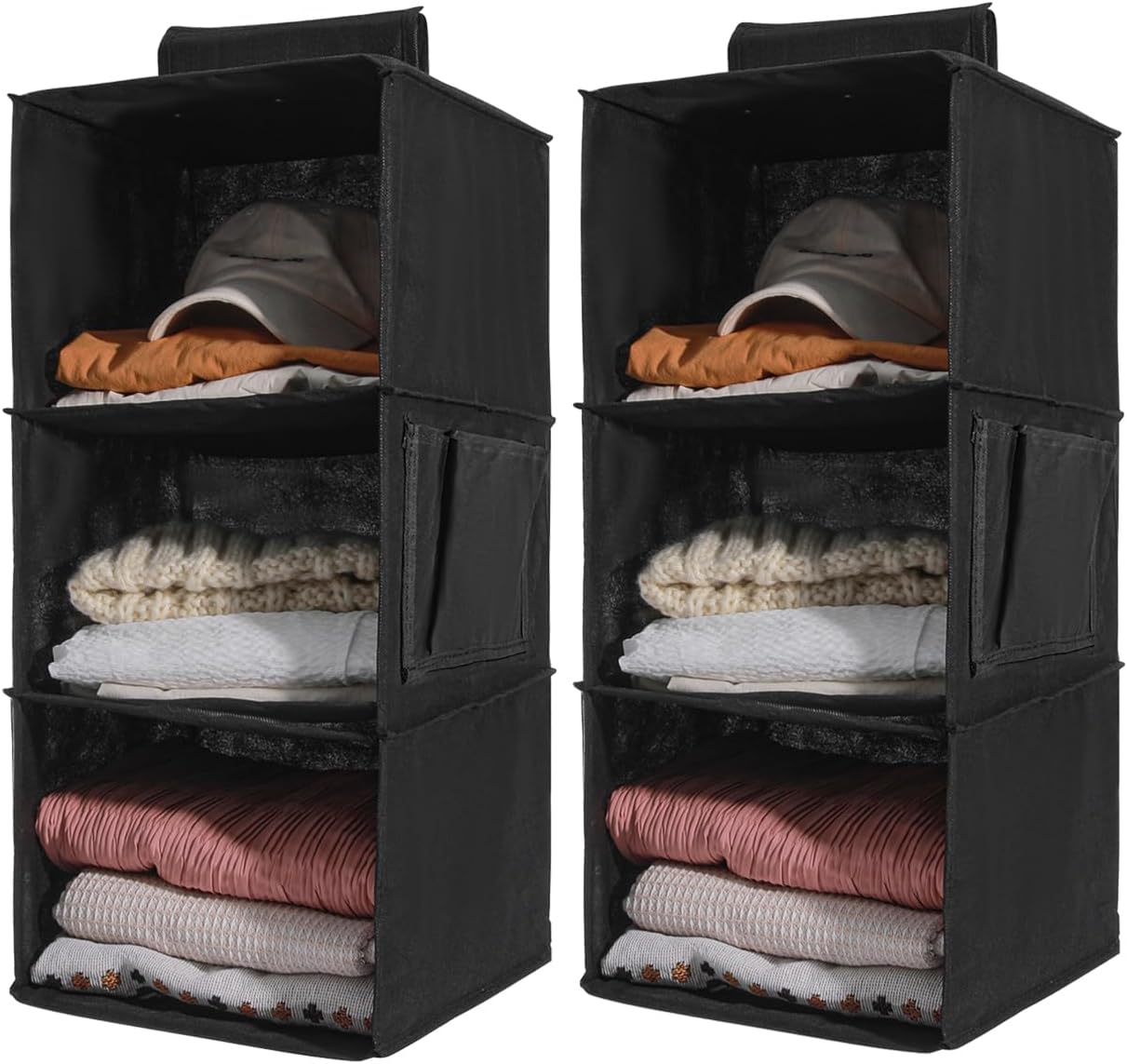 2 Packs Hanging Closet Organizer Stroage, 3-Shelf Hanging Shelves with Bamboo Inserts & Side