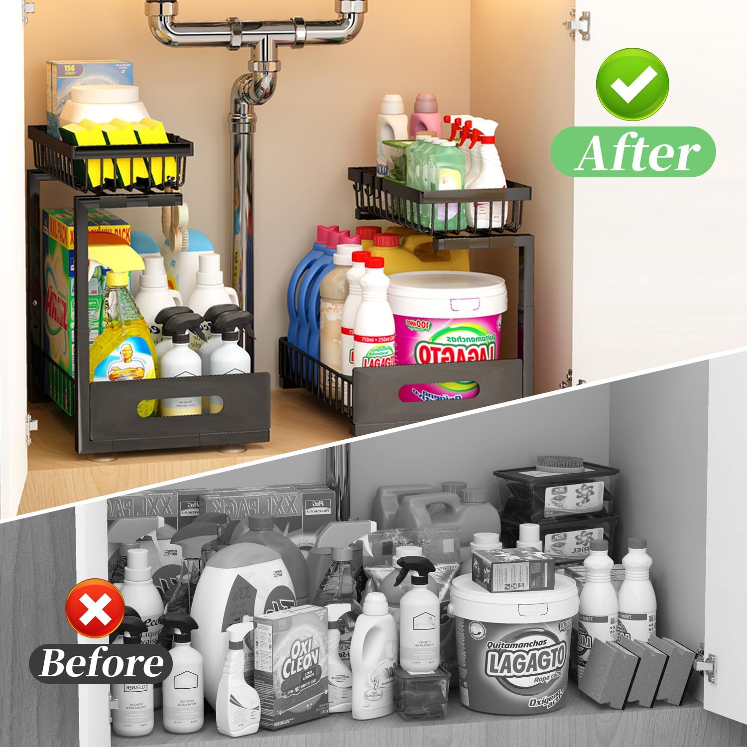 ADBIU Under Sink Organizer(10 Seconds Installation), 2 Packs 2 Tier Expandable Height (11" - 16")