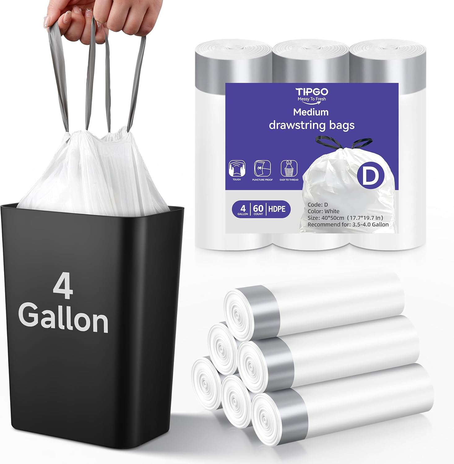 Drawstring 4 Gallon Trash Bags, Pre-Cut Strong Wastebasket Bin Liners, White Garbage Bags for Home
