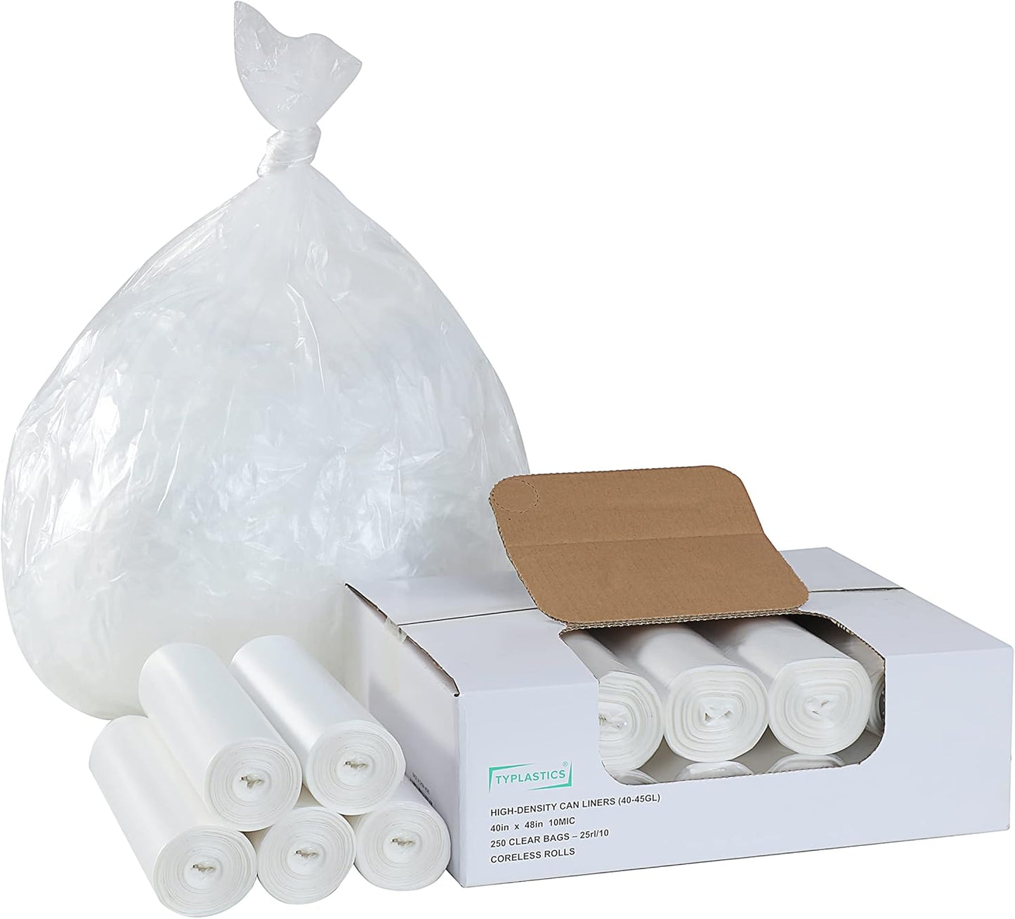 TYPLASTICS 40-45 Gallon Clear Trash Can Liners - 40" x 48" – High Density Garbage Bags - Case of