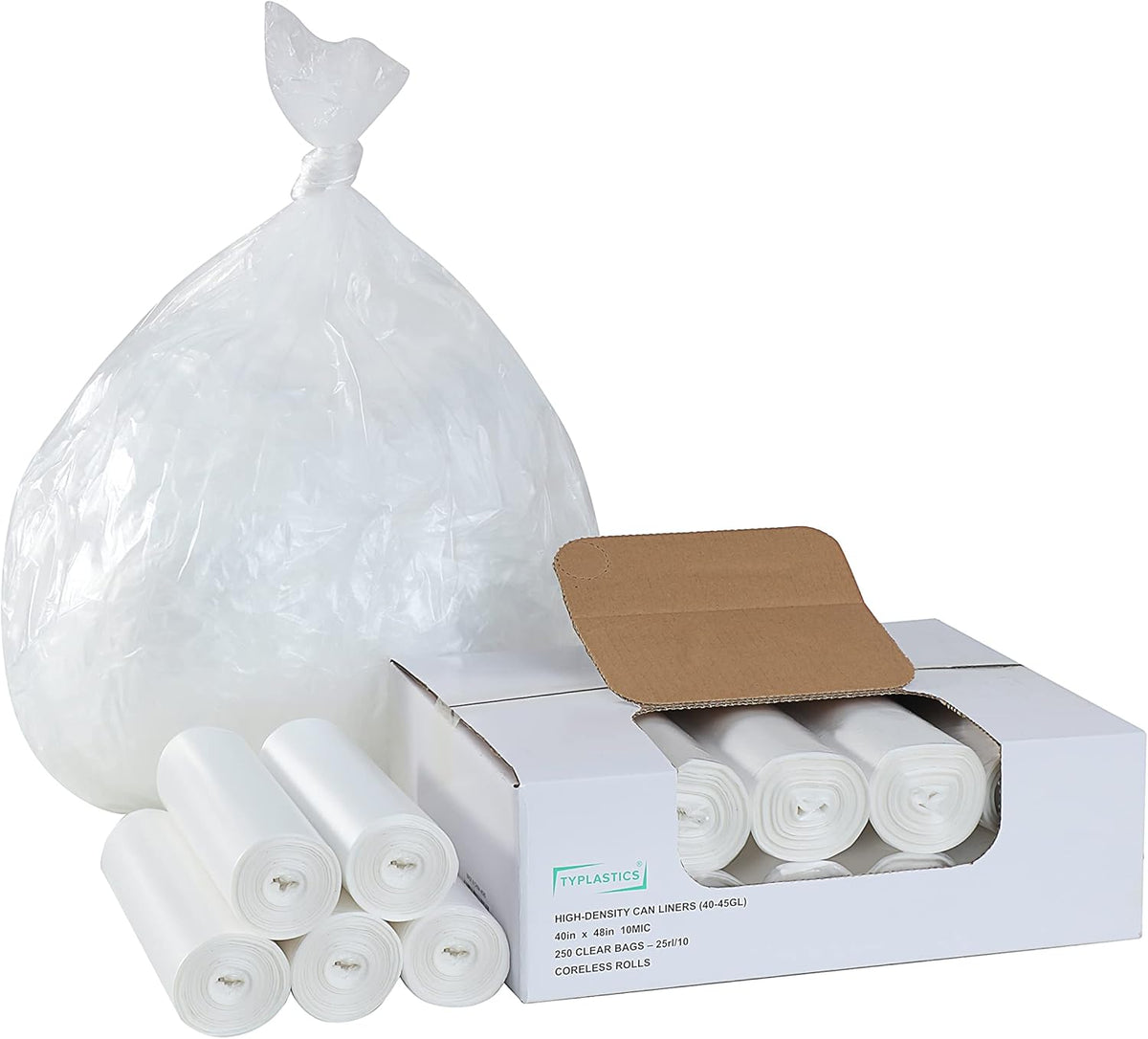 TYPLASTICS 40-45 Gallon Clear Trash Can Liners - 40" x 48" – High Density Garbage Bags - Case of
