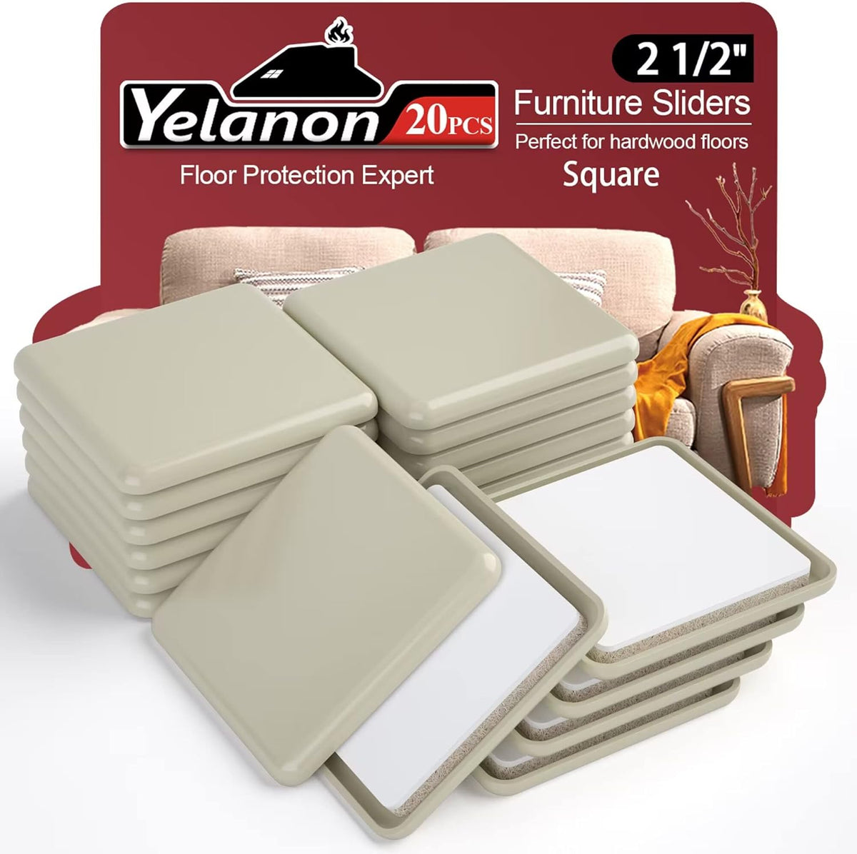 Furniture Sliders 20 pcs-2 1/2” Square Furniture Sliders for Carpet Furniture Pads Hardwoods