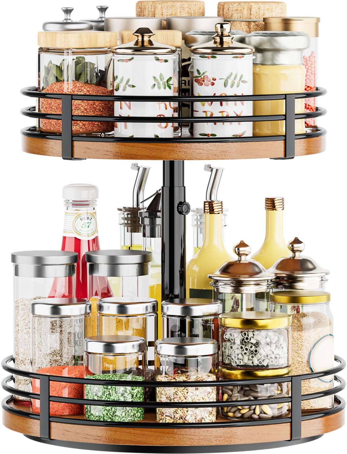 Lazy Susan Turntable Organizer Adjustable - 2 Tier Wood Rotating Spice Rack 12 Inch Lazy Susan for