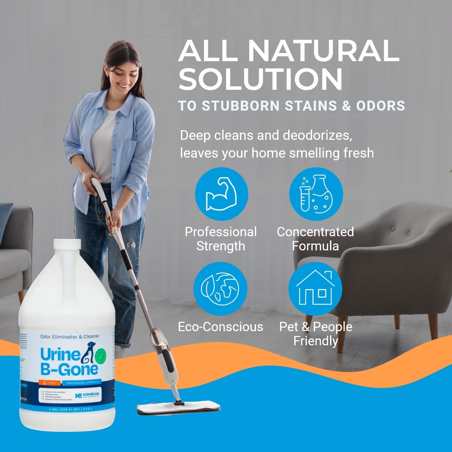 KINZUA ENVIRONMENTAL Urine B-Gone, Professional Enzyme Odor Eliminator & Pet Stain Remover, Human