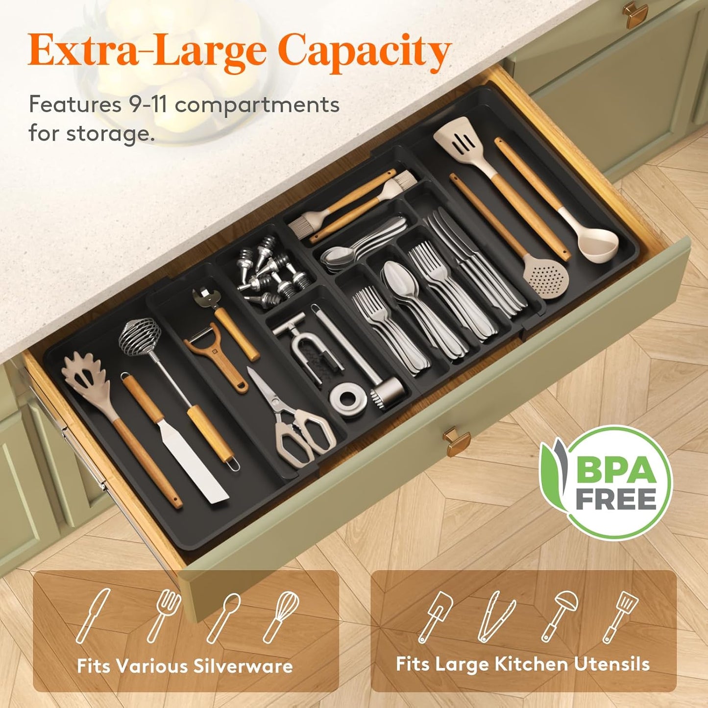Lifewit Large Silverware Drawer Organizer, Plastic Cooking Utensil Tray for Kitchen, Expandable