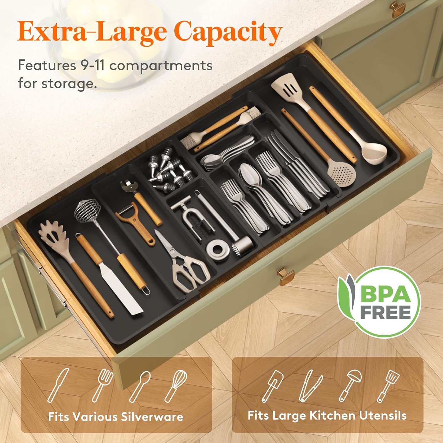 Lifewit Large Silverware Drawer Organizer, Plastic Cooking Utensil Tray for Kitchen, Expandable