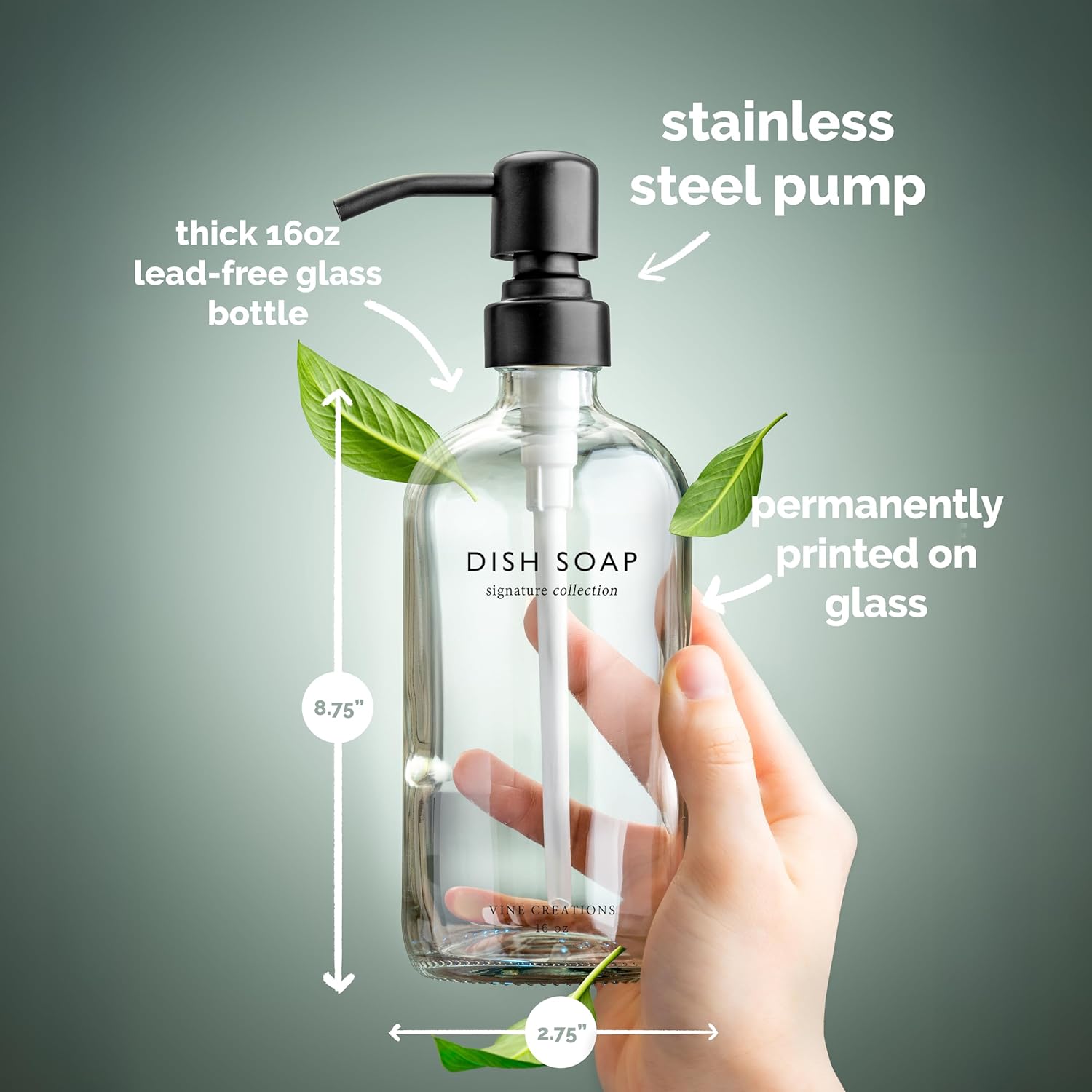 Vine Creations Clear Glass Soap Dispenser Set, Dish Soap and Hand Soap Dispenser Set with Stainless
