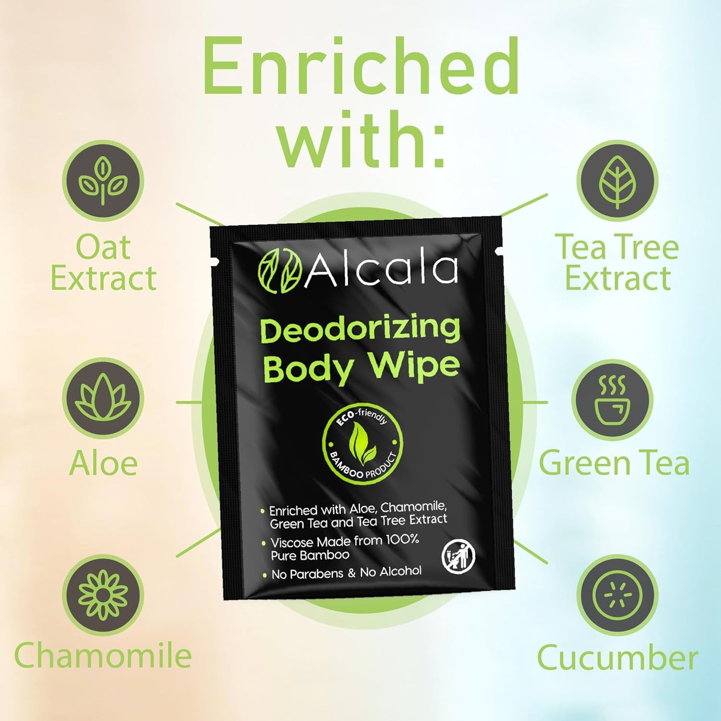 Alcala Deodorizing Body Wipes Individual Shower Wipes 100% Pure Biodegradable Bamboo Wet Wipes with