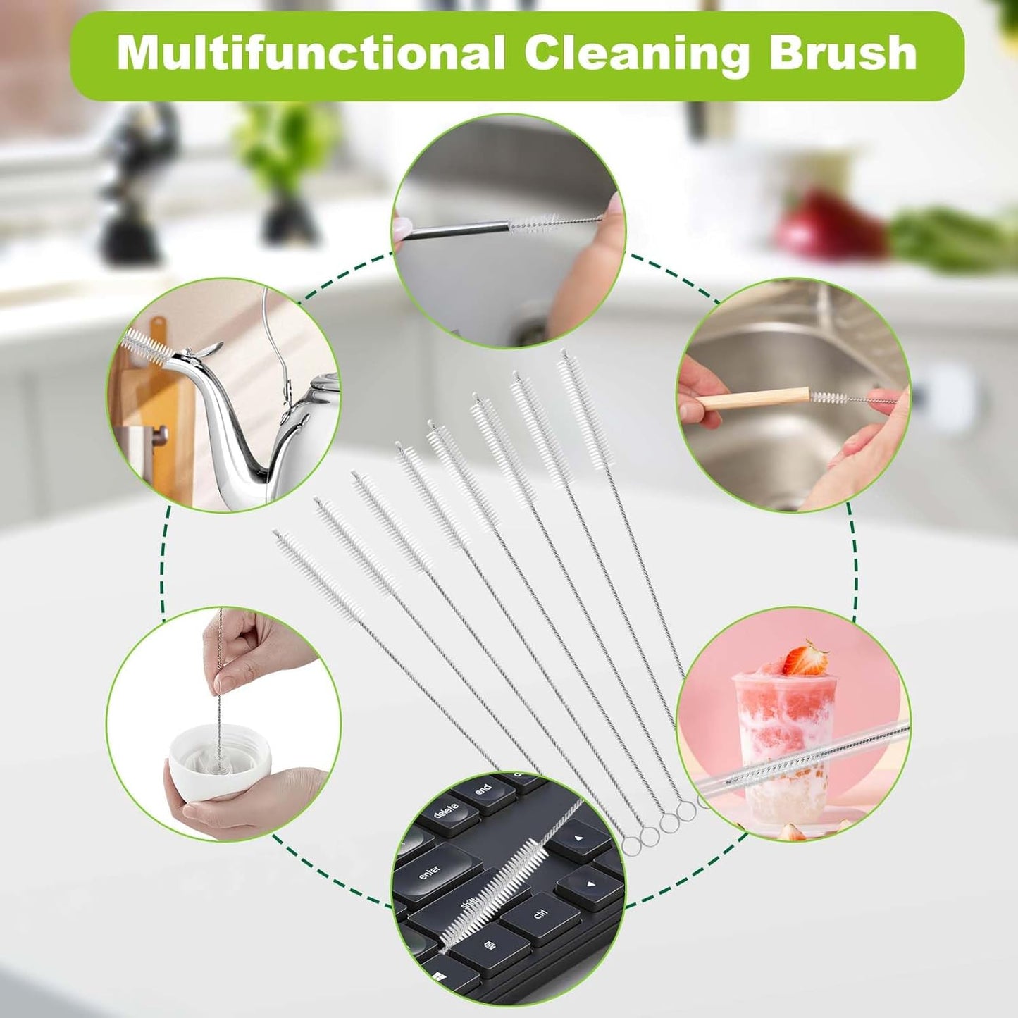 Long Straw Cleaner Brush Set Travel: 8 Pack Straw Brush Cleaner for Cleaning Straws, Stainless