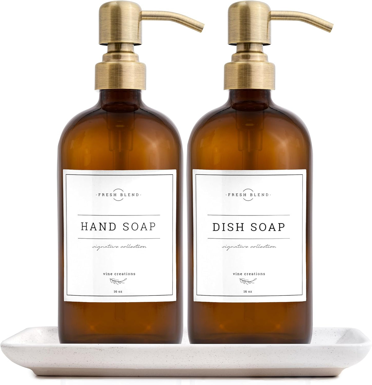 Vine Creations Amber Glass Soap Dispenser, 2 Pack Kitchen Soap Dispenser Set with Ceramic Tray