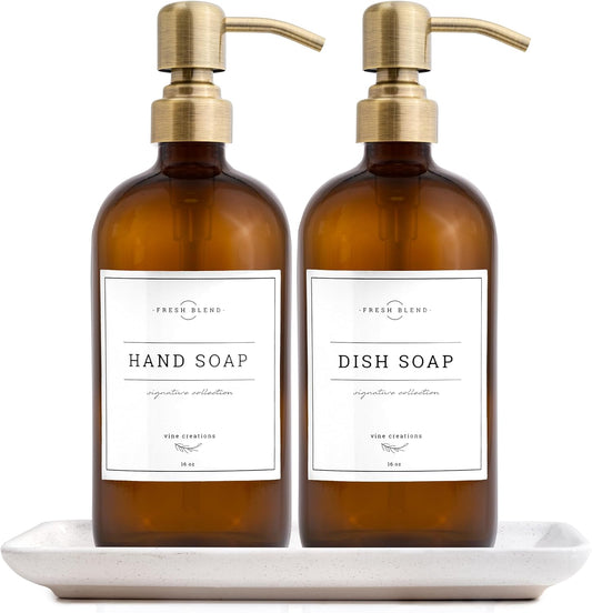 Vine Creations Amber Glass Soap Dispenser, 2 Pack Kitchen Soap Dispenser Set with Ceramic Tray