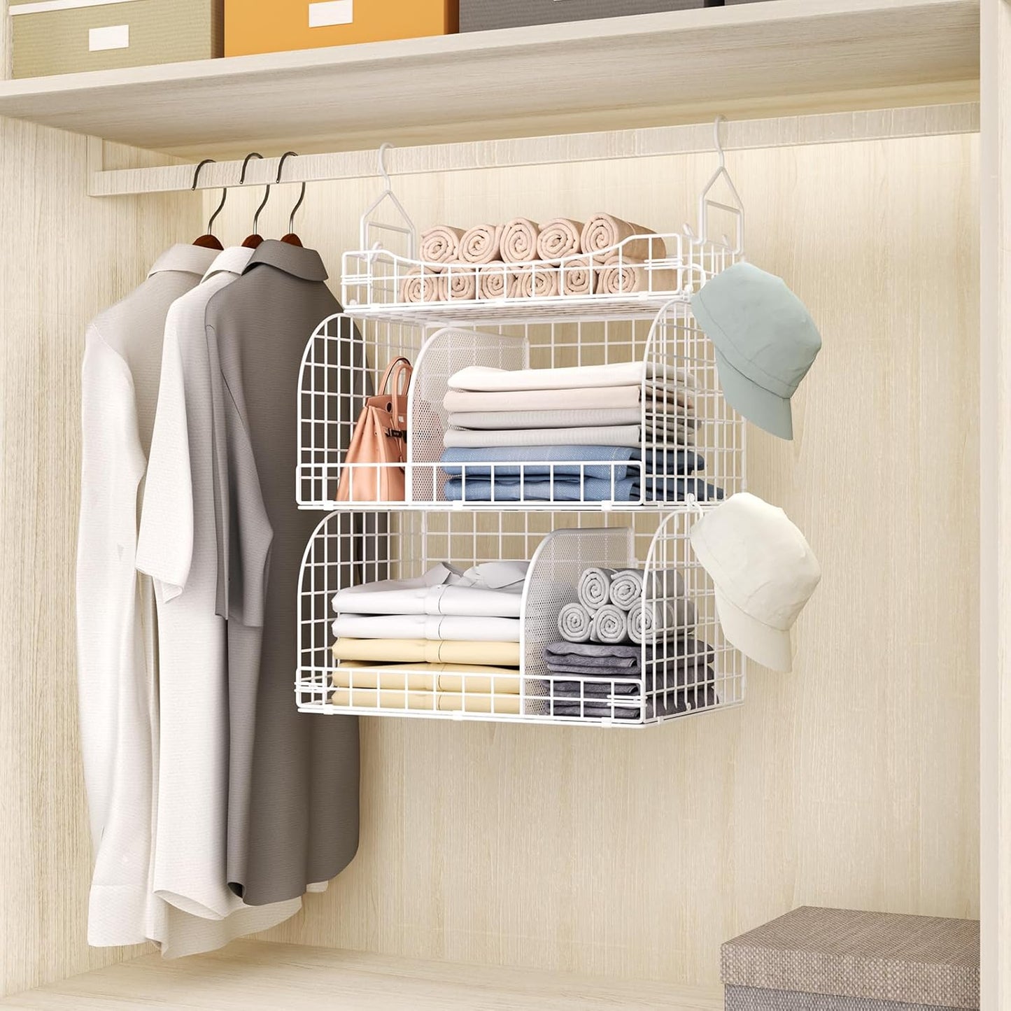 HapiRm Hanging Closet Organizer Storage - 3 Tier Metal Stackable Hanging Closet Shelves with