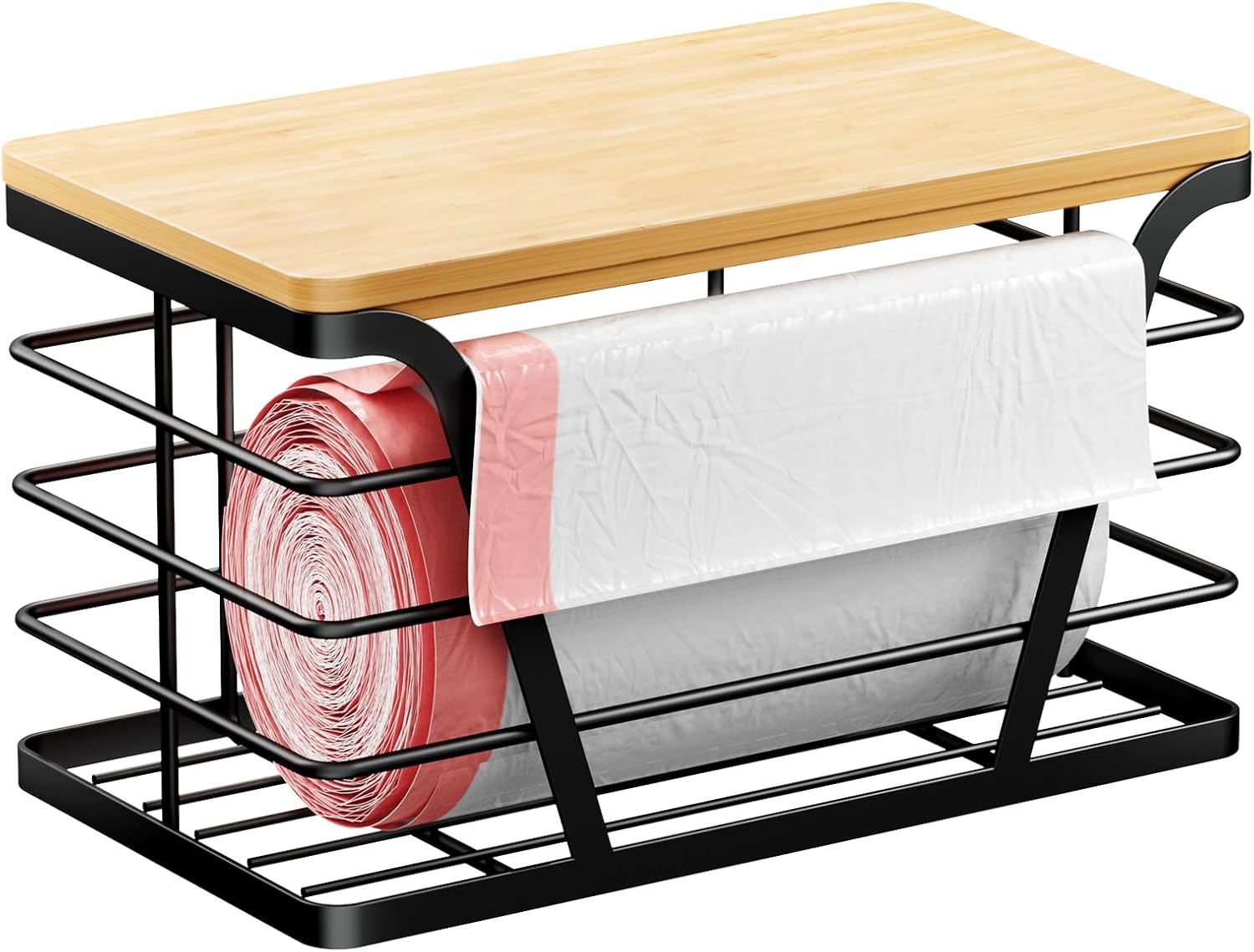 Small Grocery Bag Holder, Trash bag holder with Removable Bamboo Top, Wall Mount, No Drill