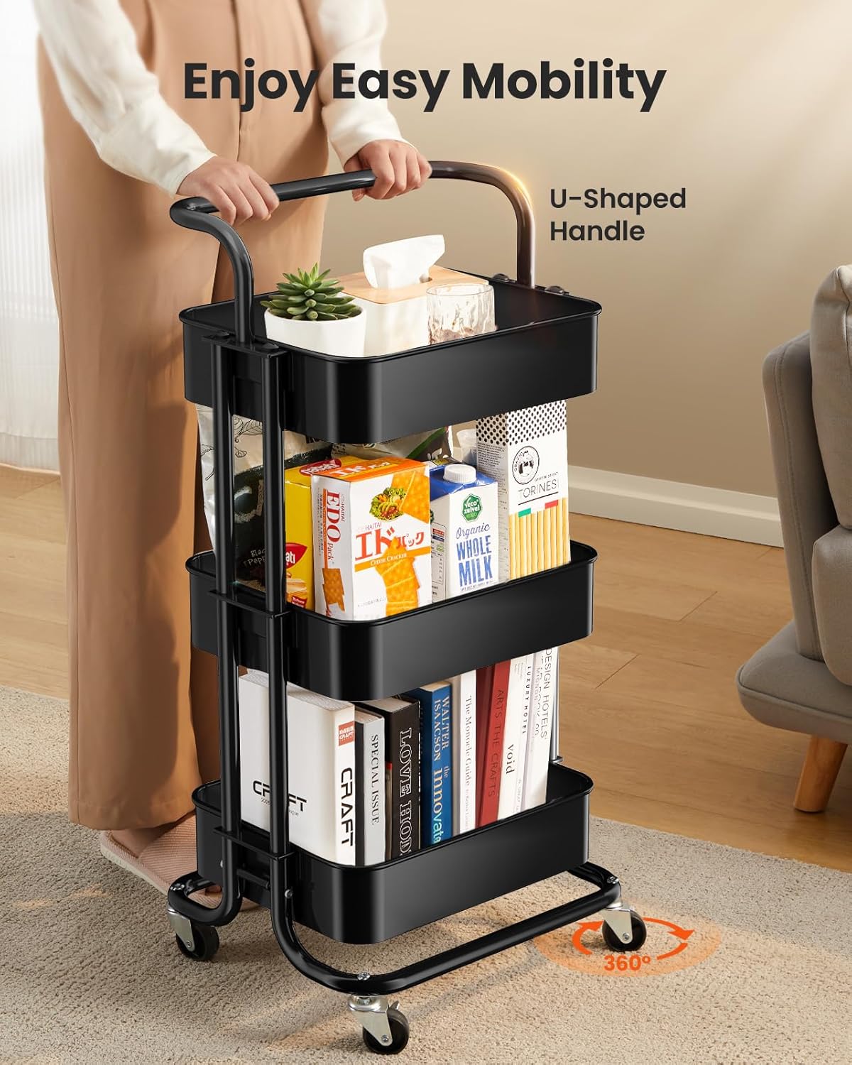 Pipishell 3 Tier Mesh Utility Cart, Rolling Metal Organization Cart with Handle and Lockable