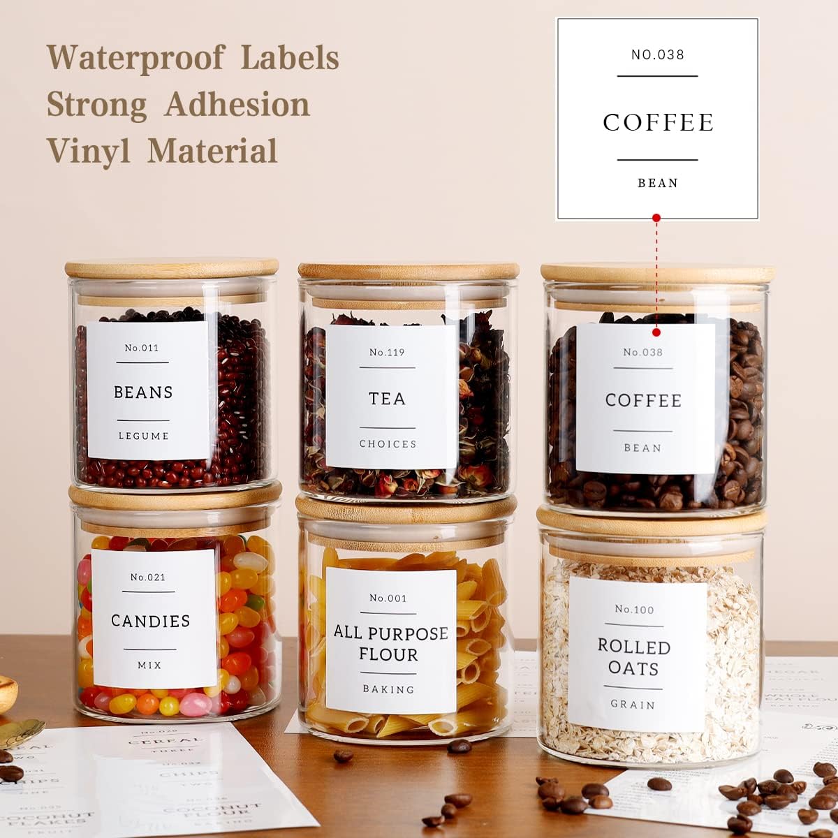 20 OZ Glass Food Storage Jars with 132 Pantry Labels Preprinted - 6 Pcs Thicken Glass Storage