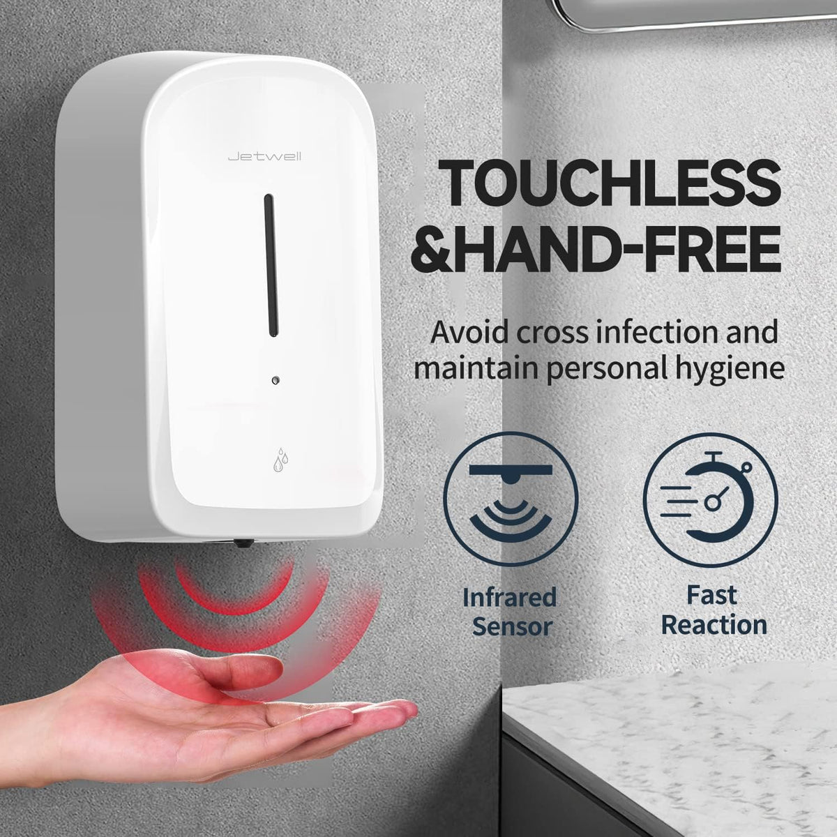 JETWELL Automatic Touch-Less Wall Mount Hand Soap Dispenser Liquid Drop Battery Operated, White