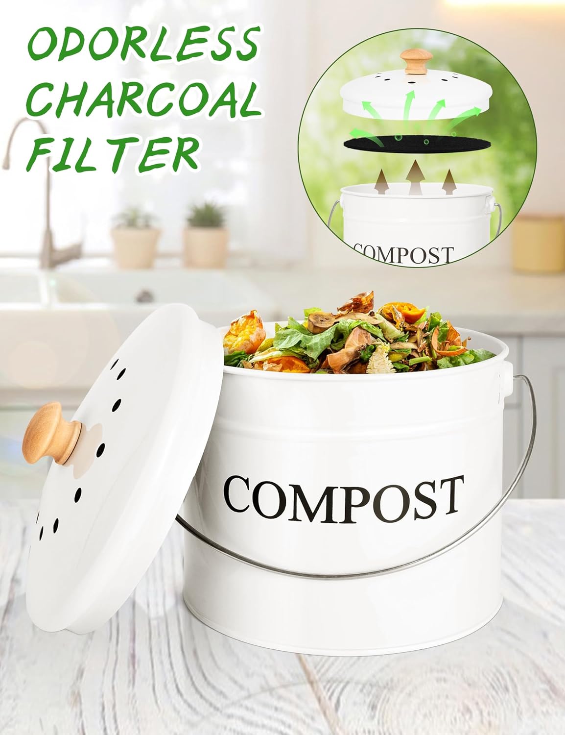 Compost Bin - 1 Gallon Countertop Composter with Lid, Charcoal Filters, Rust Proof Indoor Food
