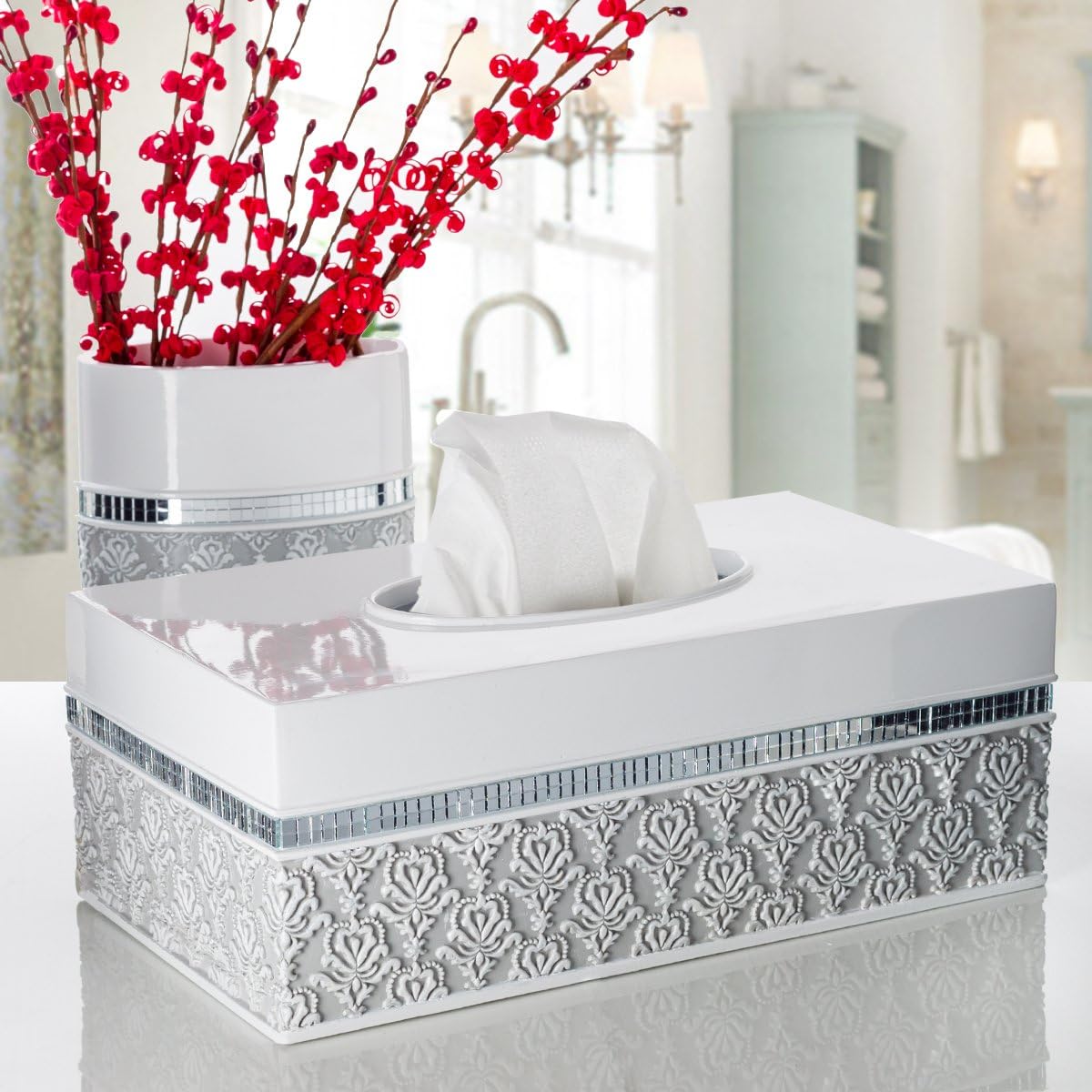 Creative Scents Mirror Damask Small Bathroom Trash Can 1.58 Gal / 6L - Decorative White and Gray