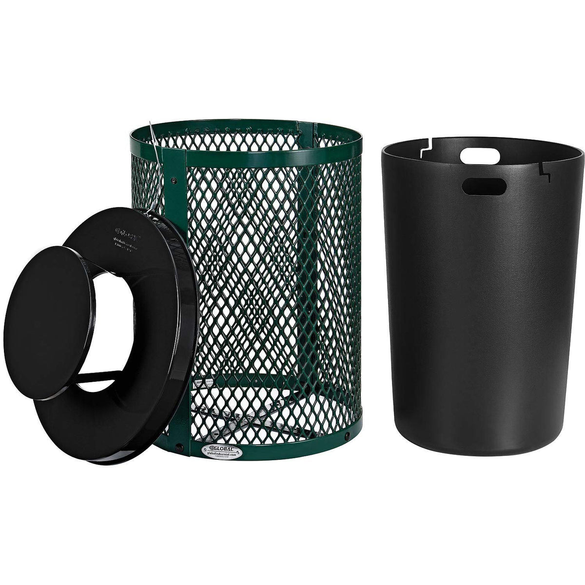 Global Industrial Outdoor Diamond Steel Trash Can with Rain Bonnet Lid and Plastic Liner, 36 Gallon