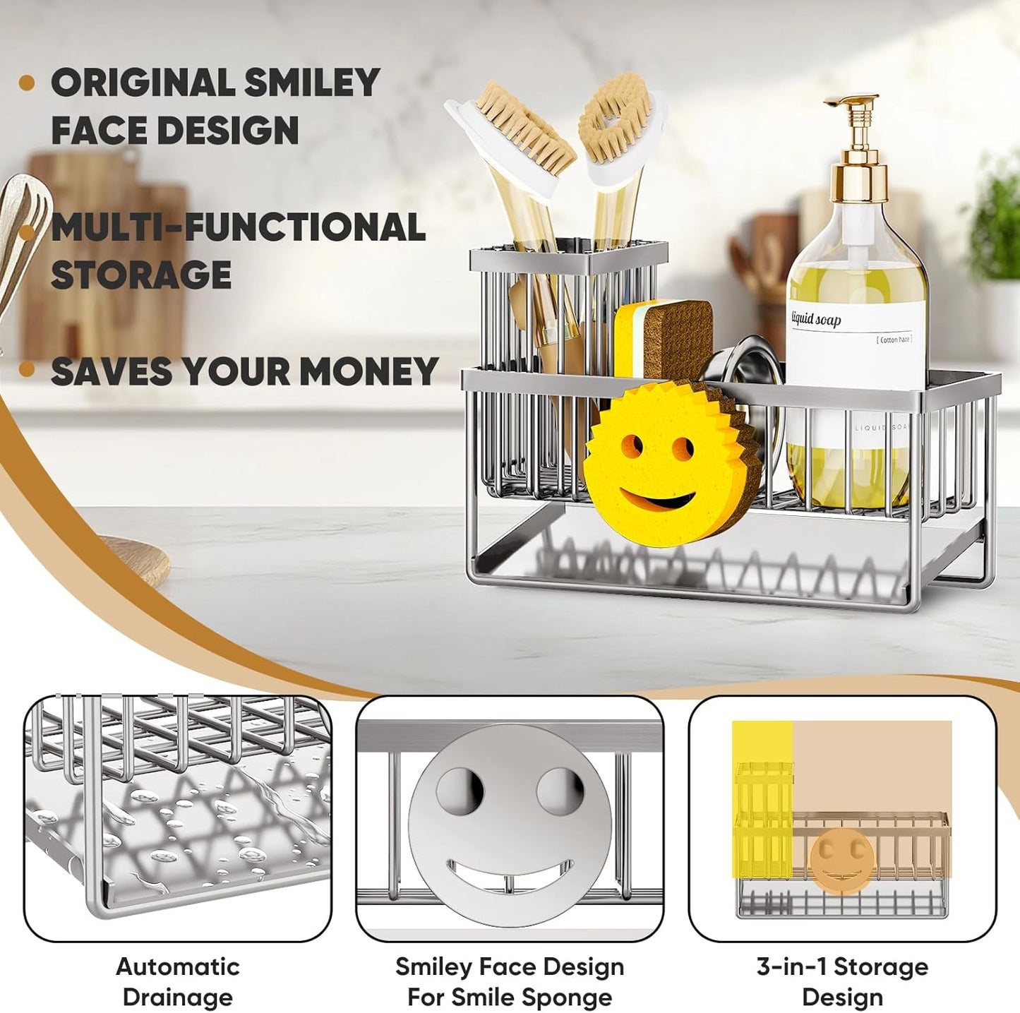 Sponge Holder for Kitchen Sink,Smiley Face Sink Caddy with Removable Brush Holder,Self-Draining