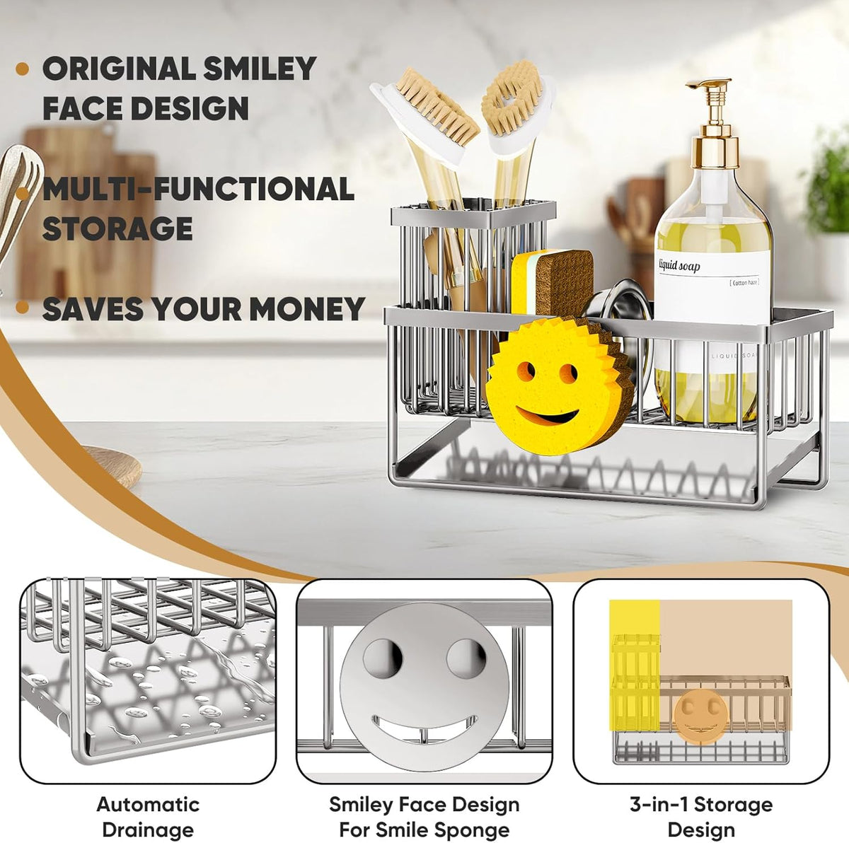 Sponge Holder for Kitchen Sink,Smiley Face Sink Caddy with Removable Brush Holder,Self-Draining
