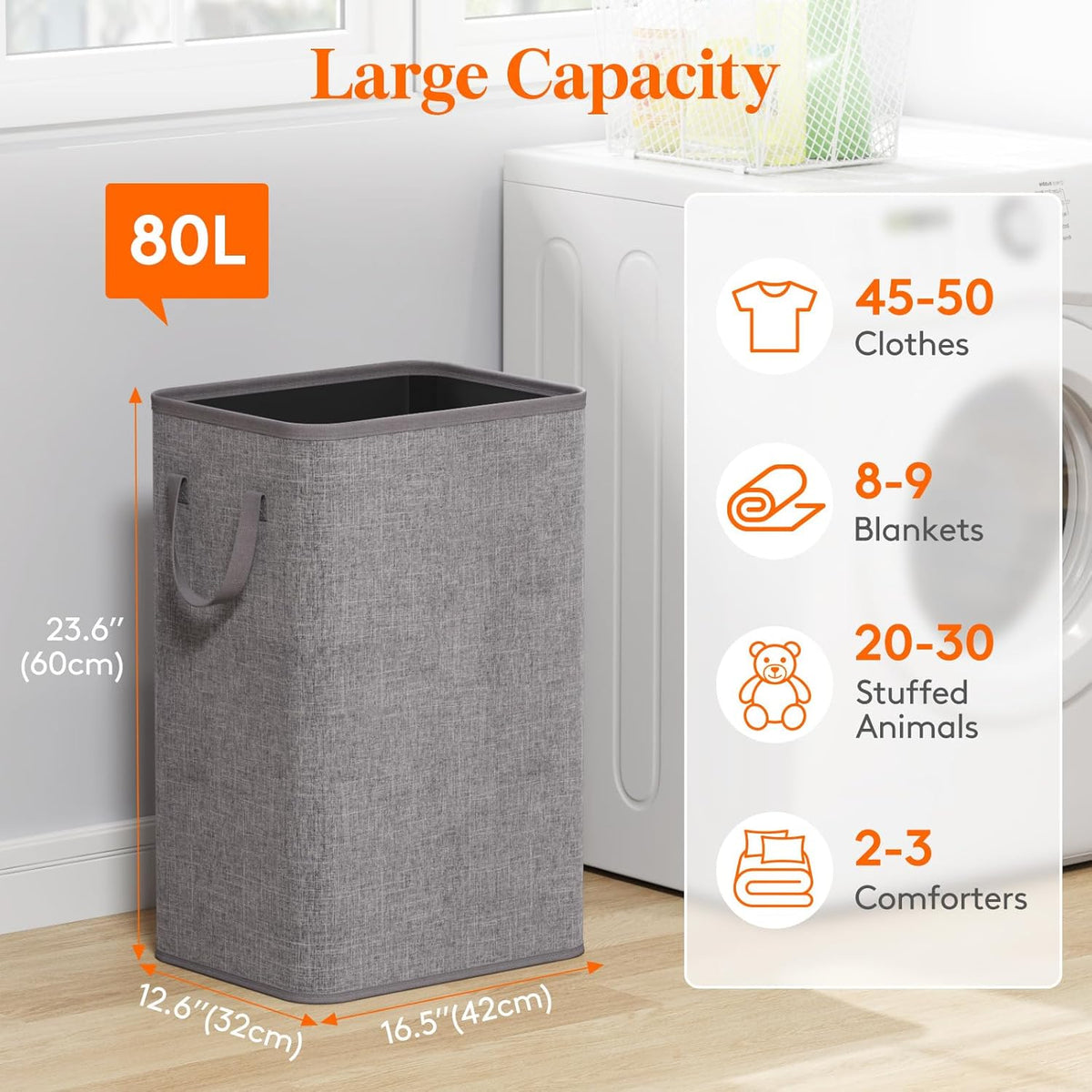 Lifewit 80L Large Tall Laundry Hamper, Collapsible Laundry Basket with Handles, Foldable Clothes