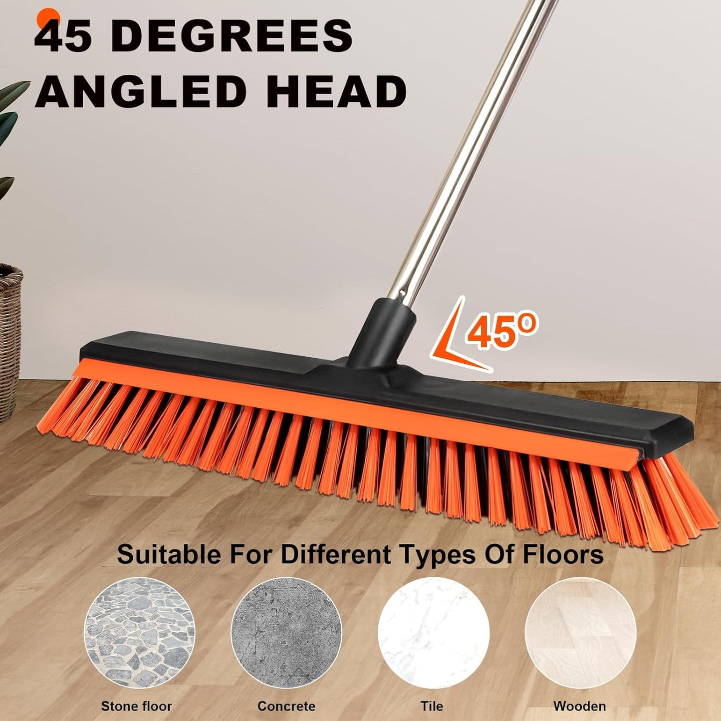 18" Push Broom Outdoor with Rubber Squeegee,Heavy Duty Broom Brush with Handle,Stiff Bristles for