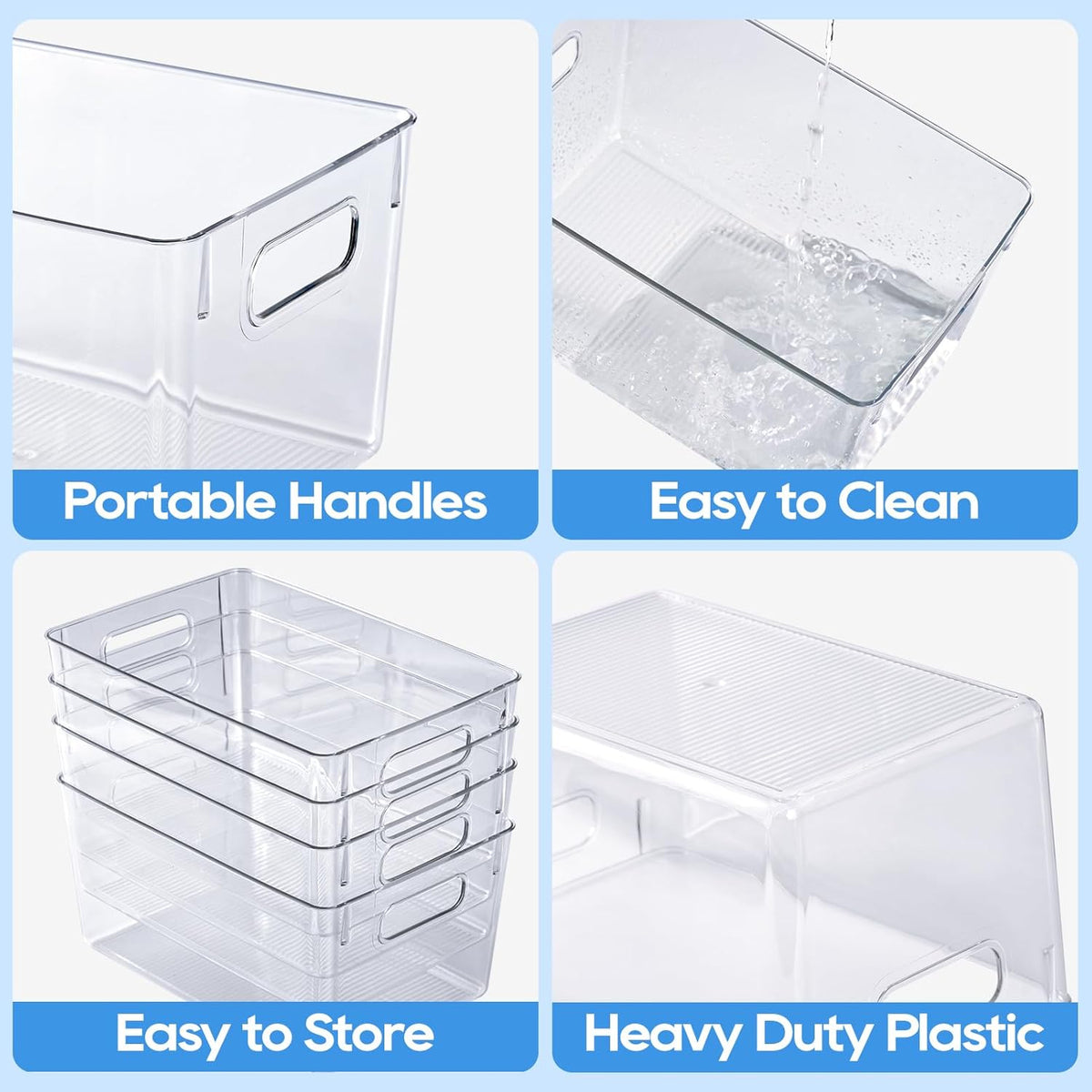 JollyPack 4 Pack Clear Plastic Storage Bins, Pantry Organizers and Storage with Handles, Clear