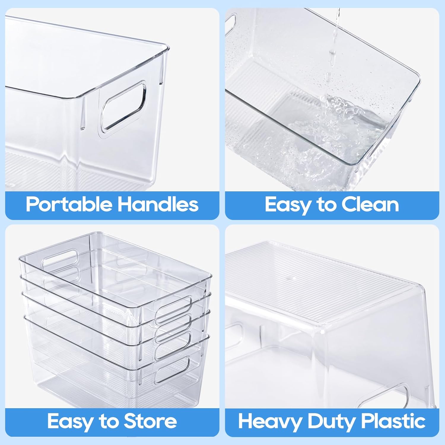 JollyPack 4 Pack Clear Plastic Storage Bins, Pantry Organizers and Storage with Handles, Clear