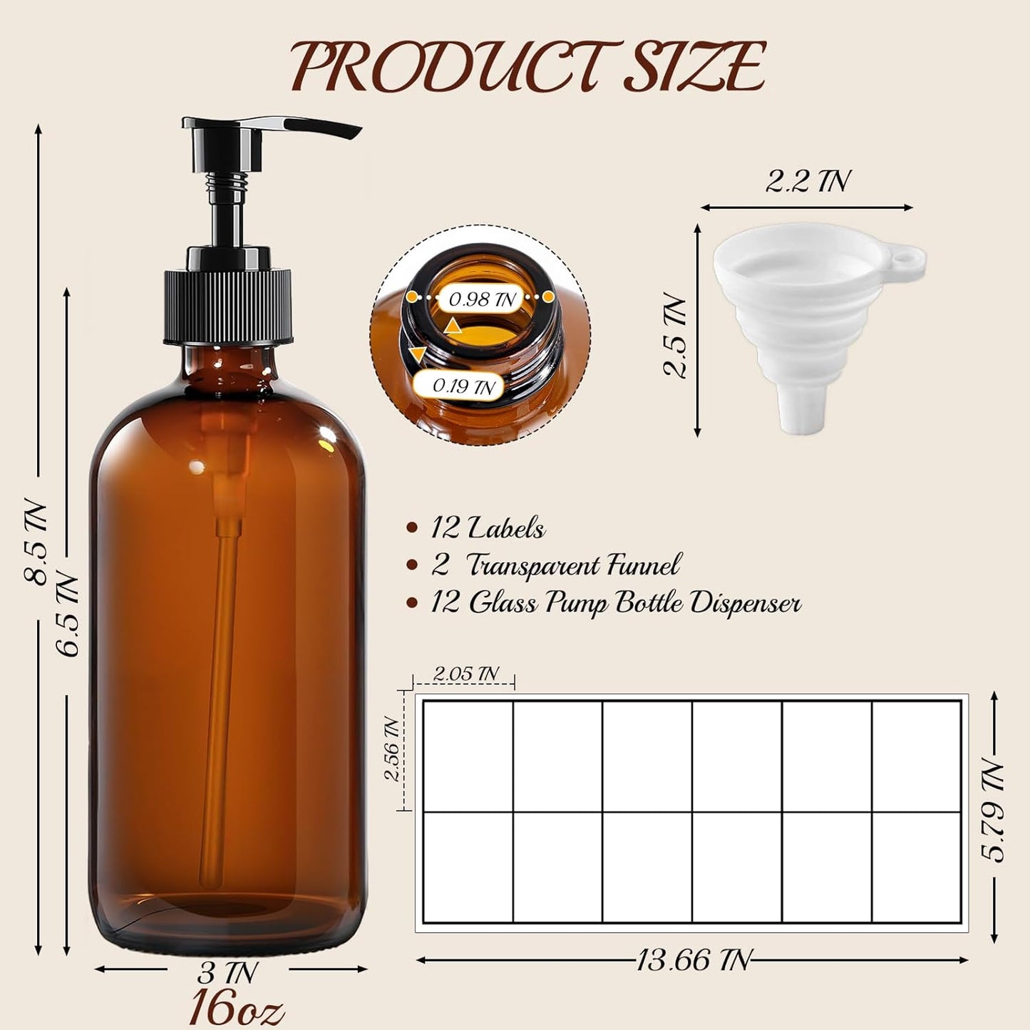 12 Pack Amber Glass Bottles 16oz with Pump Dispensers, Refillable Empty Pump Bottles for Bathroom
