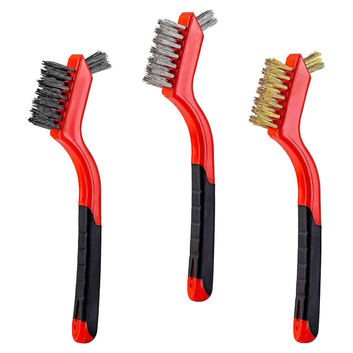 3Pcs Mini Wire Brush Set, Stainless Steel/Brass/Nylon Bristles Wire Brushes, Curved Handle Soft