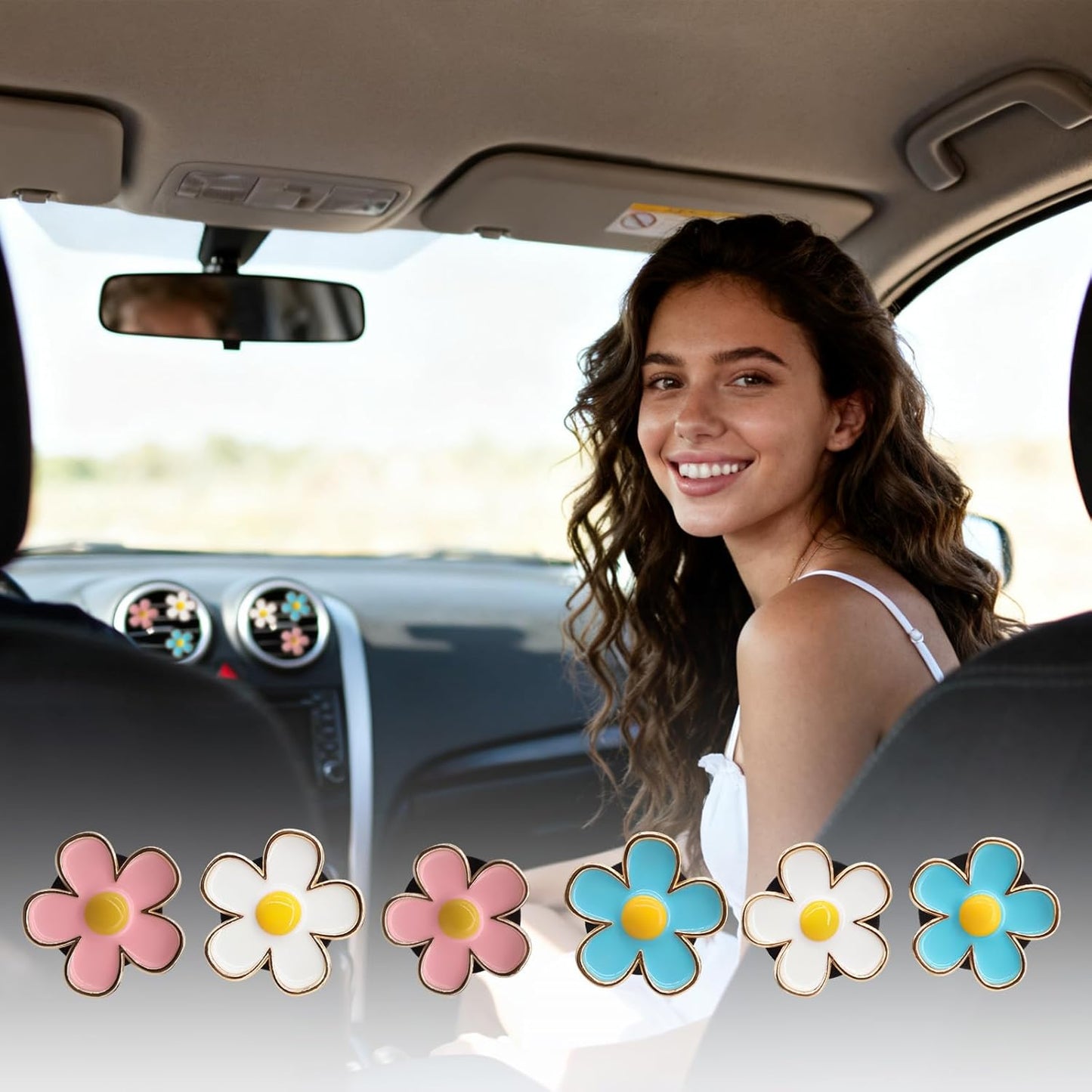 6pcs Flowers Car Air Freshener Vent Clips,Blue White Pink Daisy Flowers Air Vent Clip Car